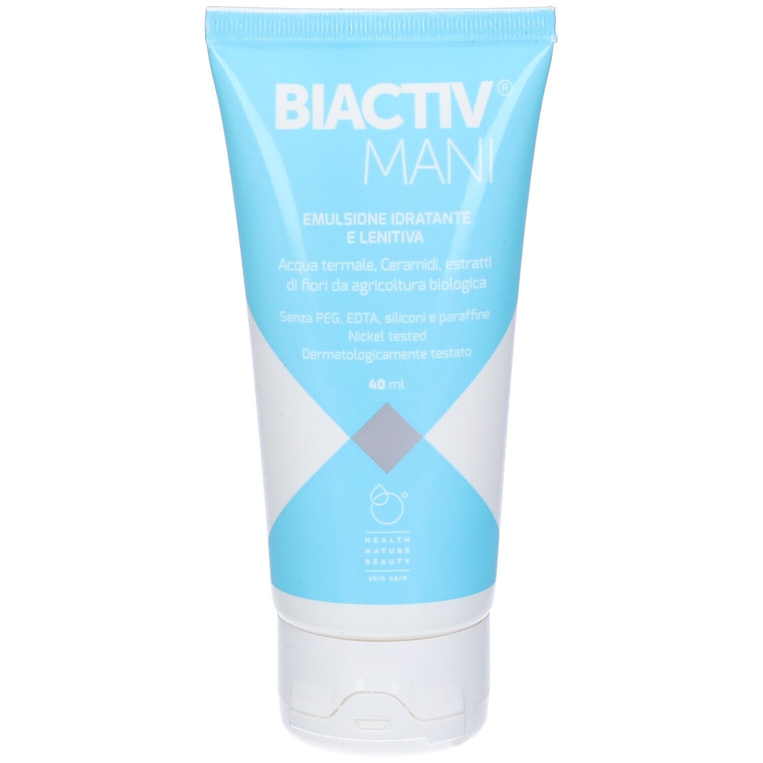 Tubo turchese con tappo bianco. Scritta: Biactiv Mani. Informazioni sul prodotto e logo.