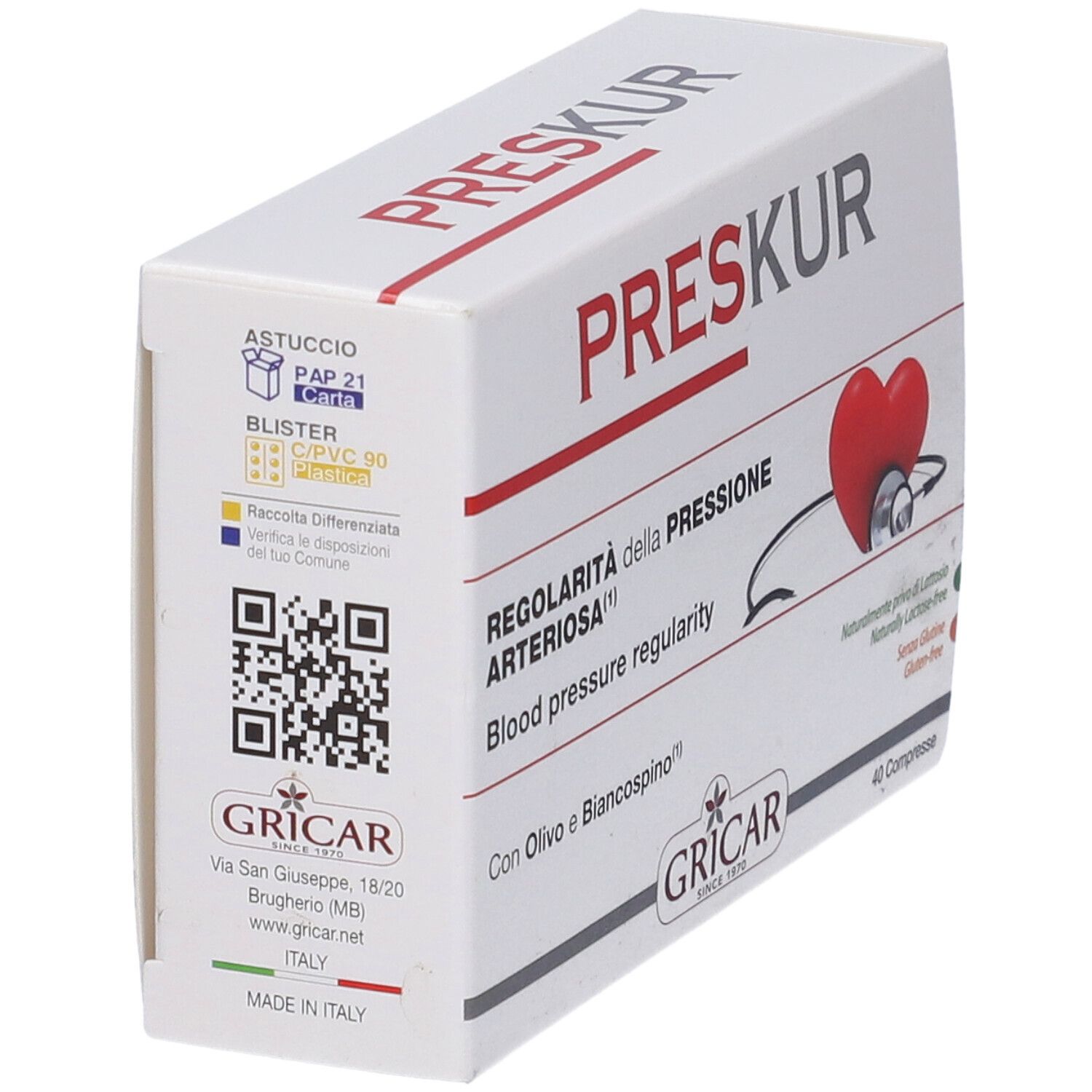 Scatola bianca con testo: PRESKUR, regolarità della pressione, 40 compresse. Logo: GRICAR. Codice QR e simboli di riciclaggio.