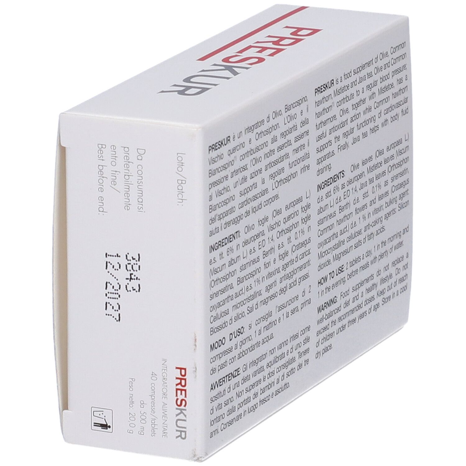 Angolo della scatola con testo: PRESKUR, data di scadenza. Logo: GRICAR. Simbolo di riciclaggio.