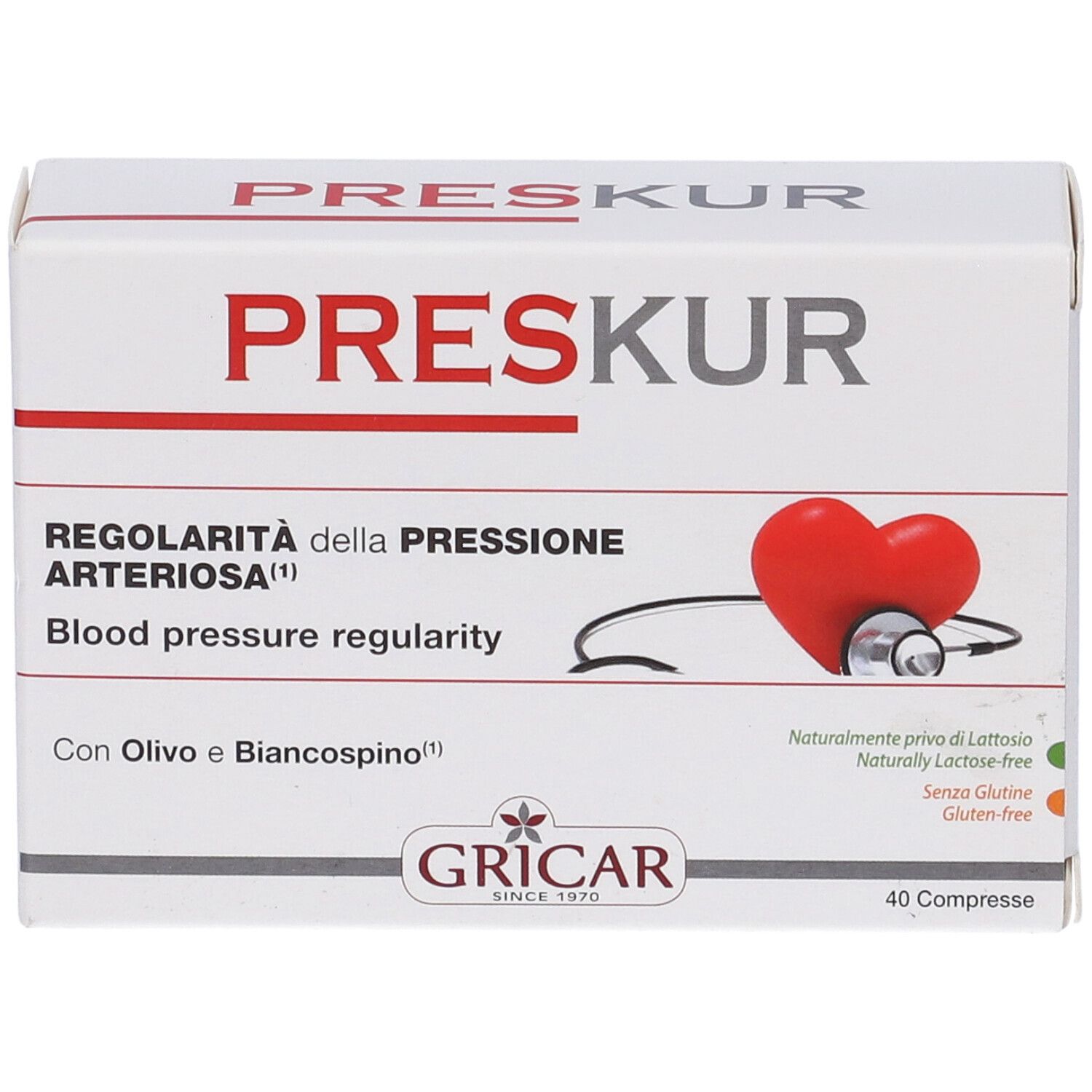 Scatola bianca con cuore rosso e stetoscopio. Testo: PRESKUR, regolarità della pressione, 40 compresse. Logo: GRICAR.