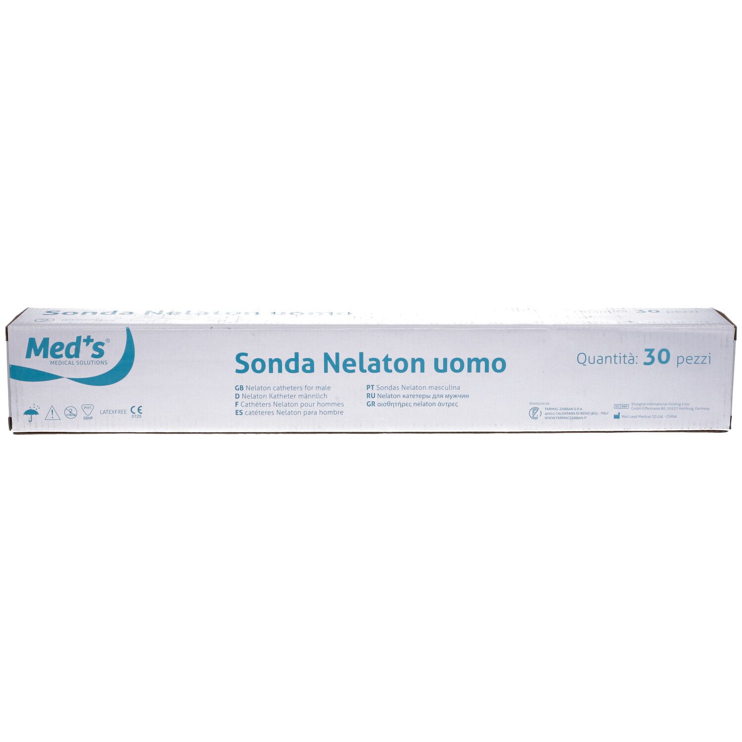 Confezione di Med's Sonda Nelaton Uomo, 30 pezzi. Testo: Sonda Nelaton uomo, Quantità 30 pezzi.