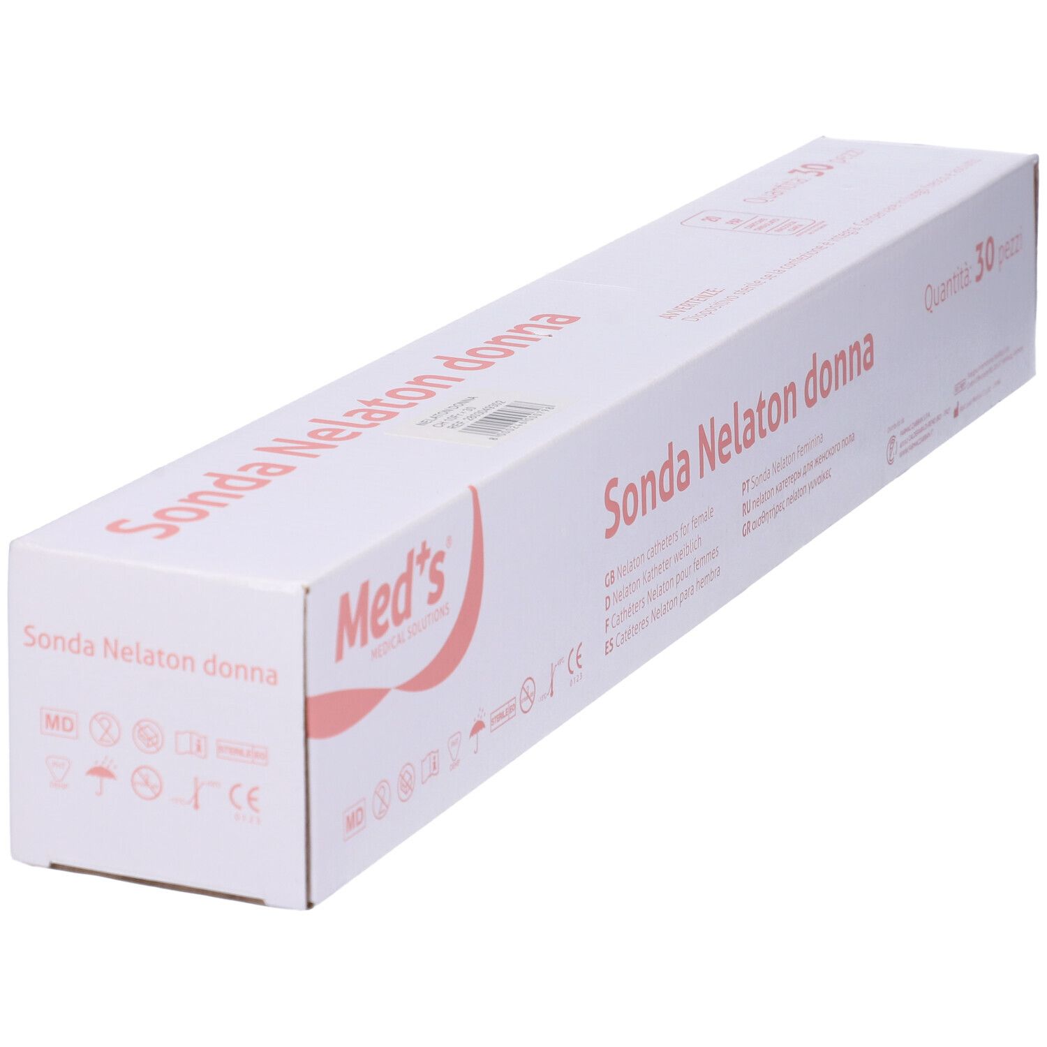 Confezione bianca con logo 'Med's', 'Sonda Nelaton donna' e simboli tecnici.
