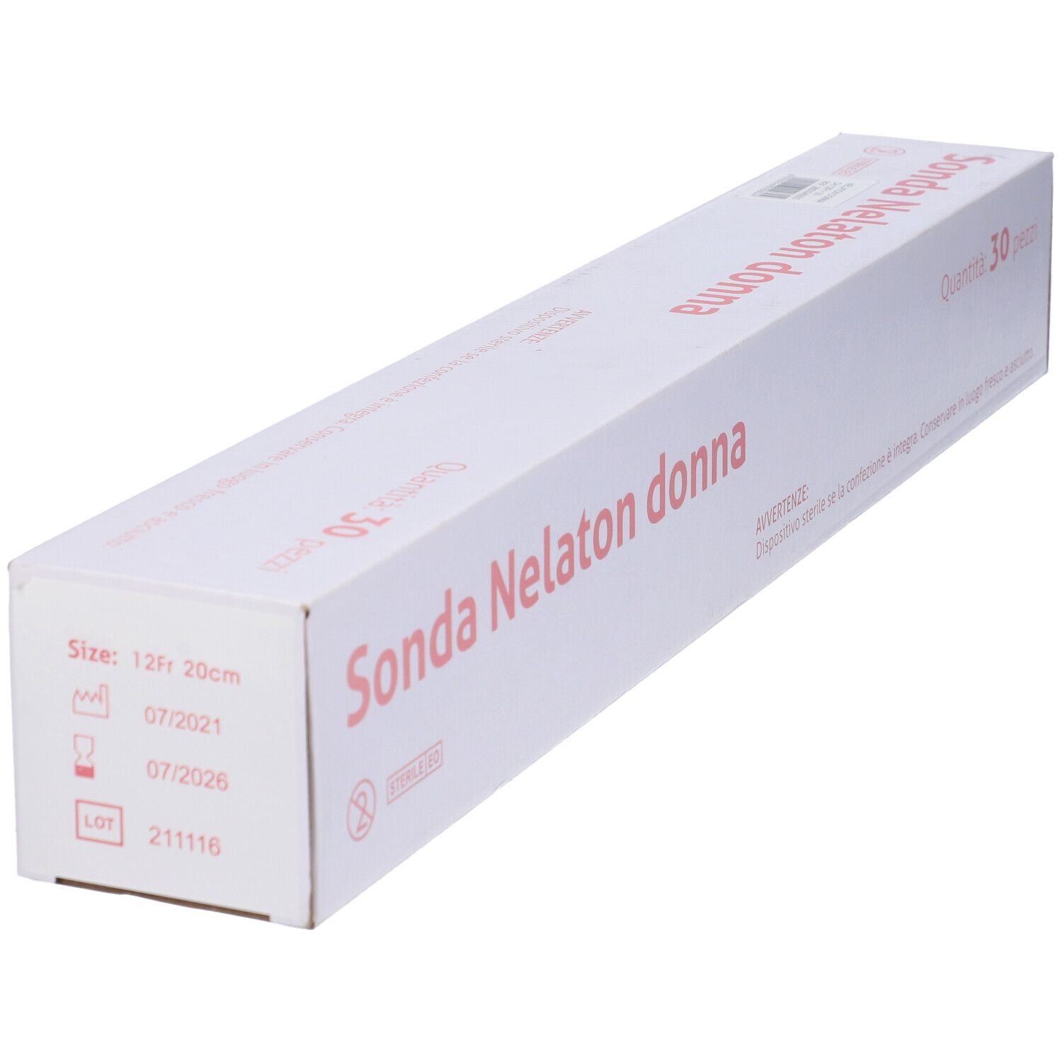 Scatola bianca con 'Sonda Nelaton donna', 'Quantità 30 pezzi' e dimensione 12Fr. 20cm.