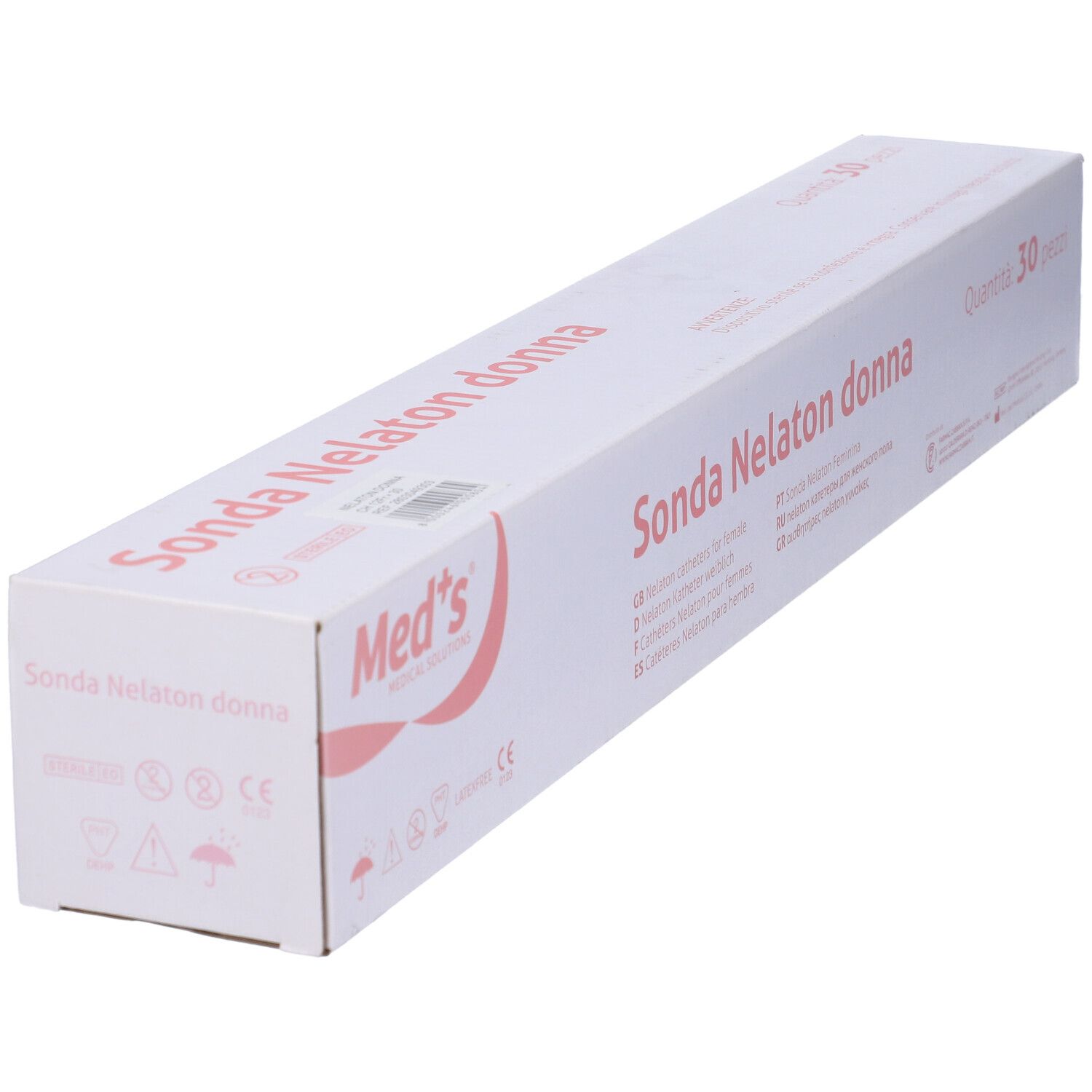 Scatola bianca con 'Sonda Nelaton donna', '30 pezzi' e marchio Med's.