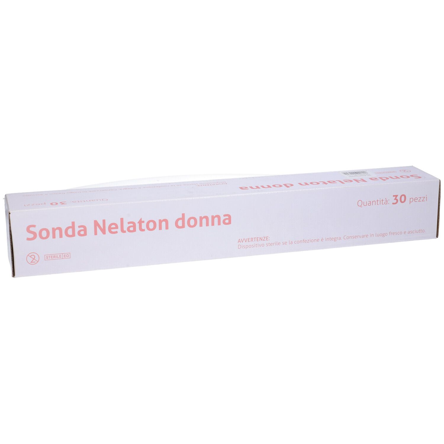 Scatola bianca con 'Sonda Nelaton donna' e 'Quantità 30 pezzi'.