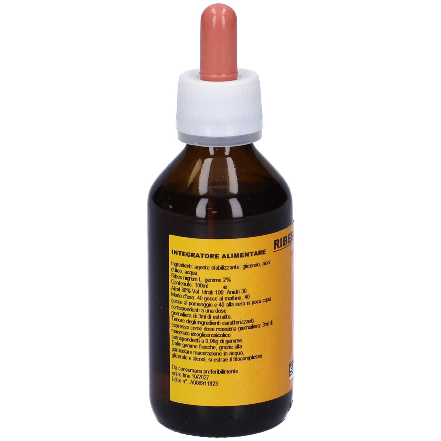 Flacone di vetro marrone con contagocce. Retro con etichetta. Testo: Integratore Alimentare. Ingredienti, contenuto alcolico, numero di lotto.