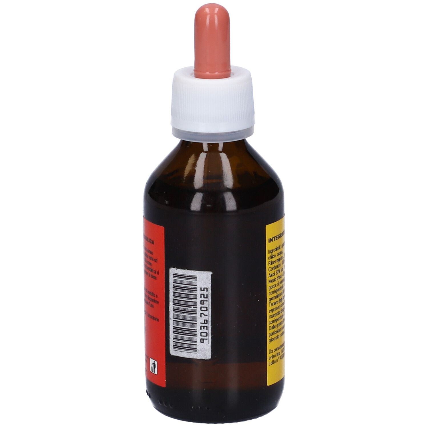 Flacone di vetro marrone con contagocce. Retro con etichetta e codice a barre. Testo: 903670925.