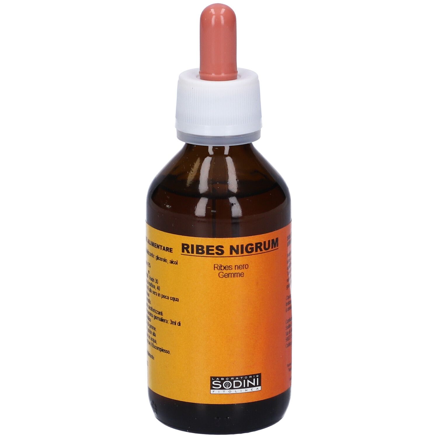 Flacone di vetro marrone con contagocce. Scritta Ribes Nigrum. Etichetta con sfumatura gialla e arancione. Marchio SODINI.