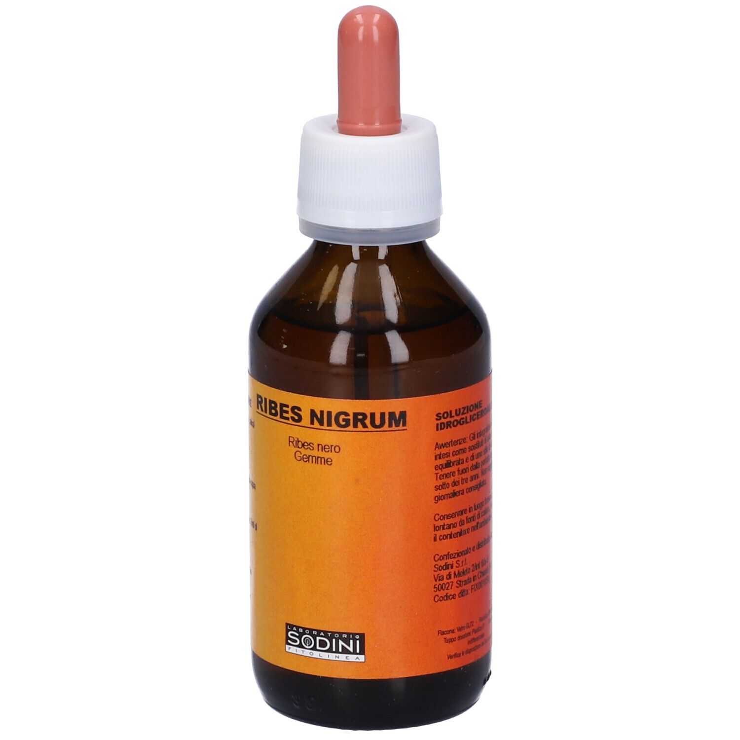 Flacone di vetro marrone con contagocce. Scritta Ribes Nigrum. Etichetta con sfumatura gialla e arancione. Marchio SODINI.