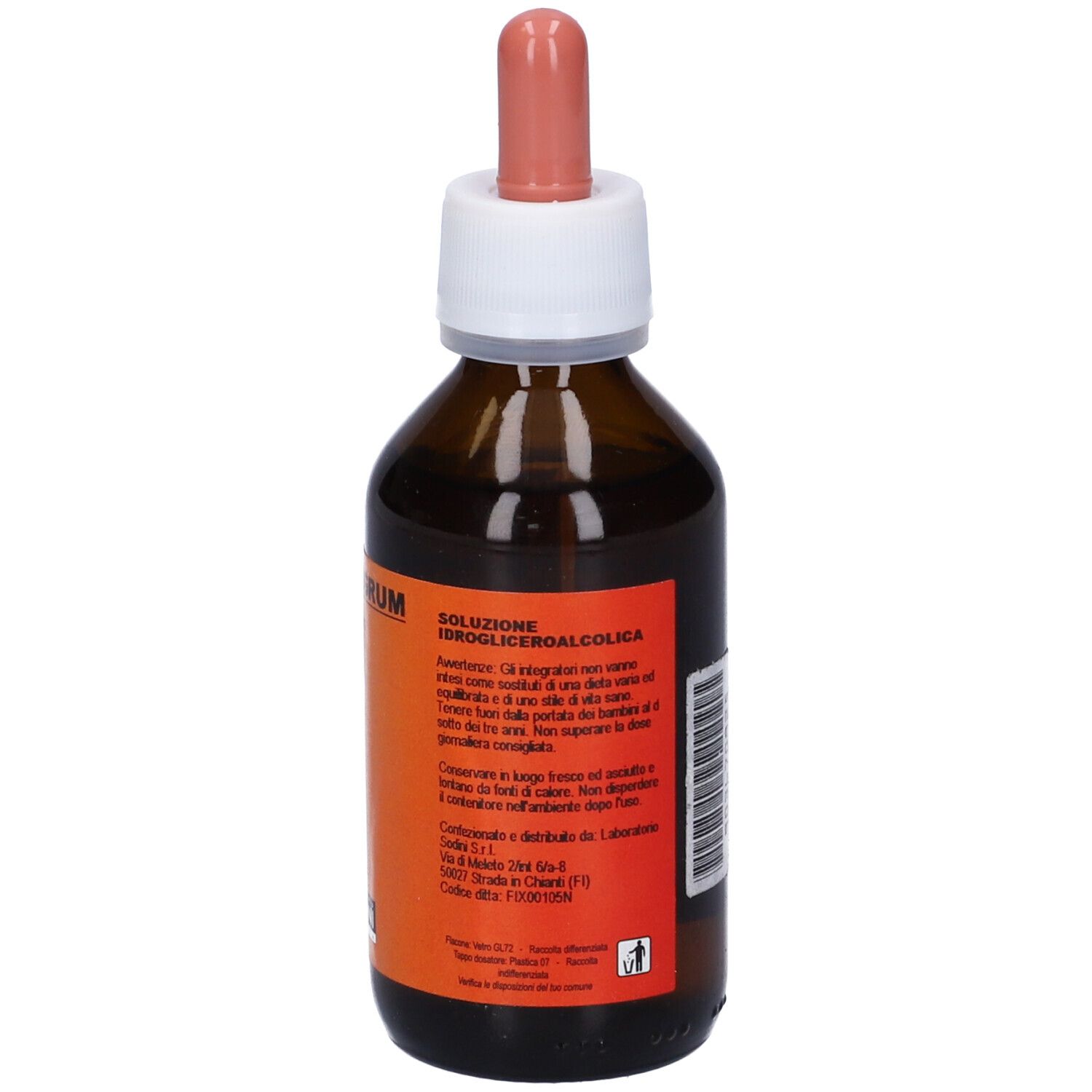Flacone di vetro marrone con contagocce. Retro con etichetta. Testo: Soluzione Idrogliceroalcolica. Avvertenze e informazioni del produttore.
