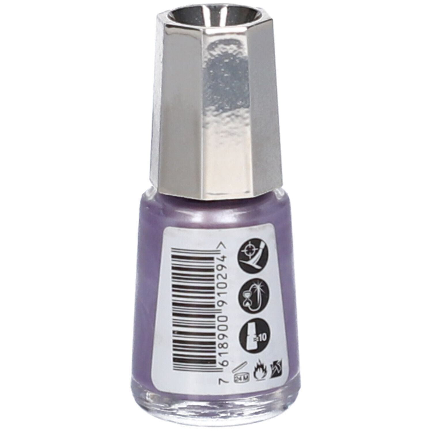 Flacone di smalto lilla, tappo argentato. Retro con codice a barre e pittogrammi.