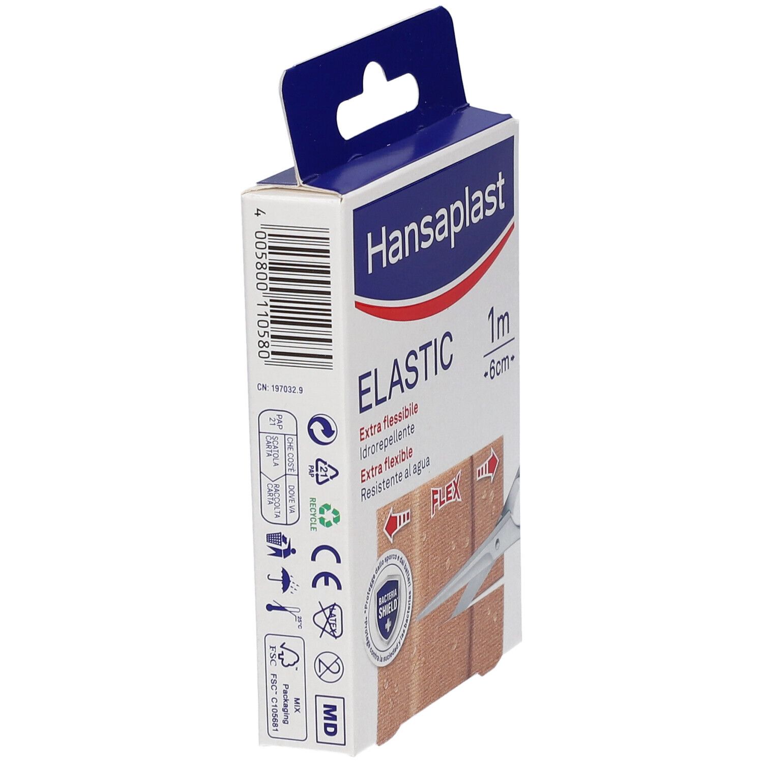 Confezione Hansaplast Elastic, cerotti flessibili, 1m x 6cm. Testo: Extra flessibile, resistente all'acqua. Forbici e simbolo Flex.