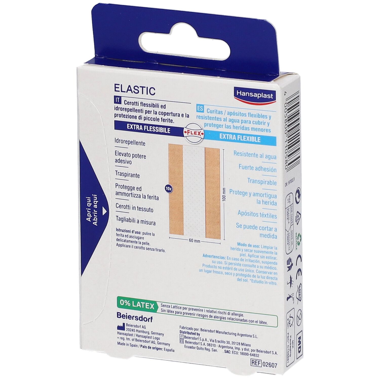 Retro confezione Hansaplast Elastic. Testo: Extra flessibile, resistente all'acqua. Ingredienti, simboli, produttore.