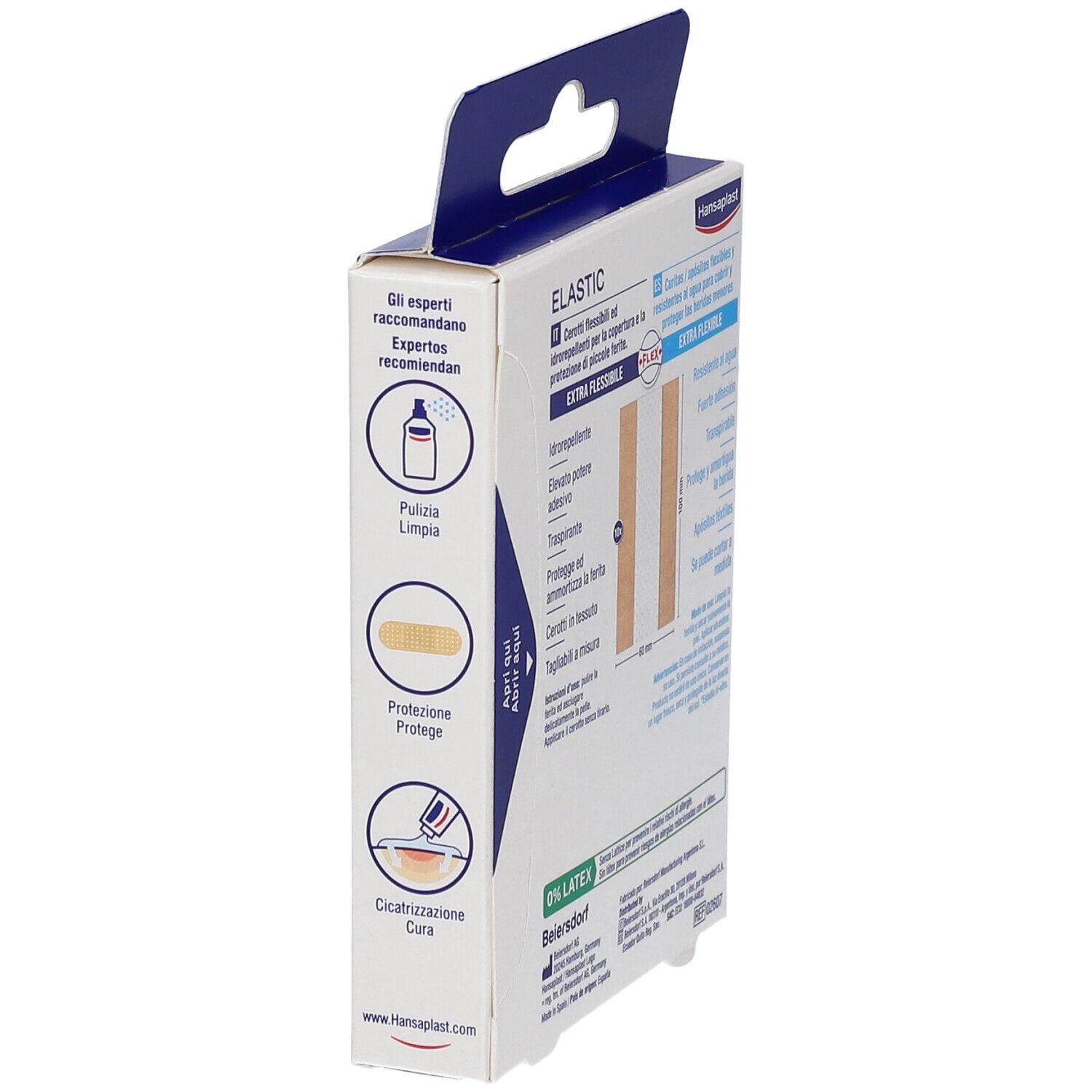 Vista laterale confezione Hansaplast Elastic. Testo: Extra flessibile, resistente all'acqua. Istruzioni, simboli.
