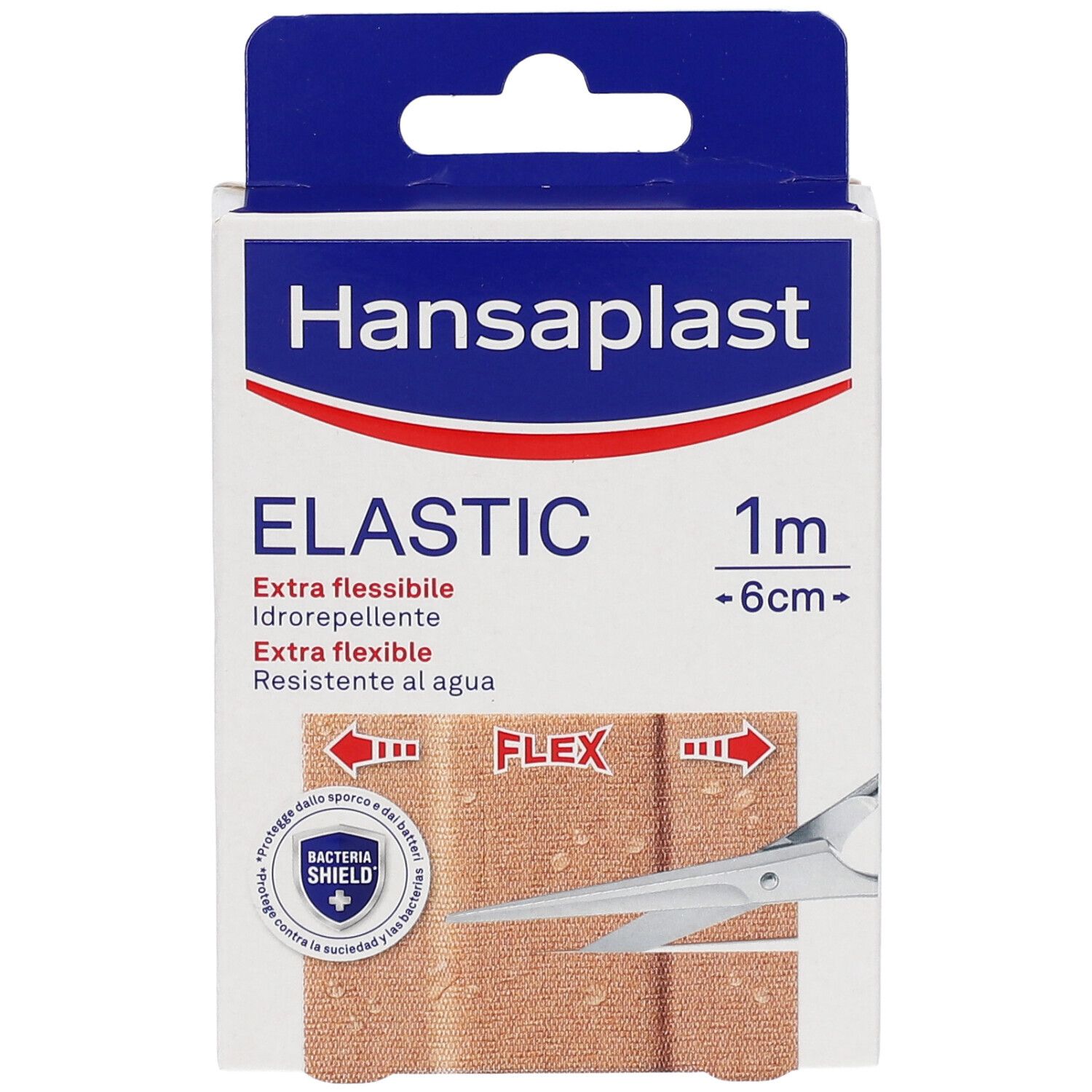 Confezione Hansaplast Elastic, cerotti flessibili, 1m x 6cm. Testo: Extra flessibile, resistente all'acqua. Forbici e simbolo Flex.