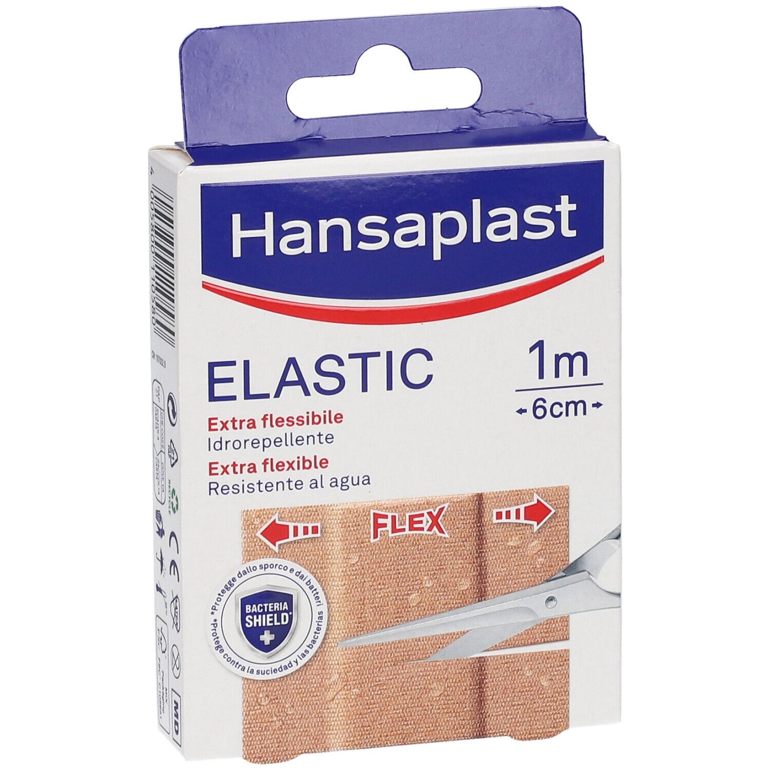 Confezione Hansaplast Elastic, cerotti flessibili, 1m x 6cm. Testo: Extra flessibile, resistente all'acqua. Forbici e simbolo Flex.