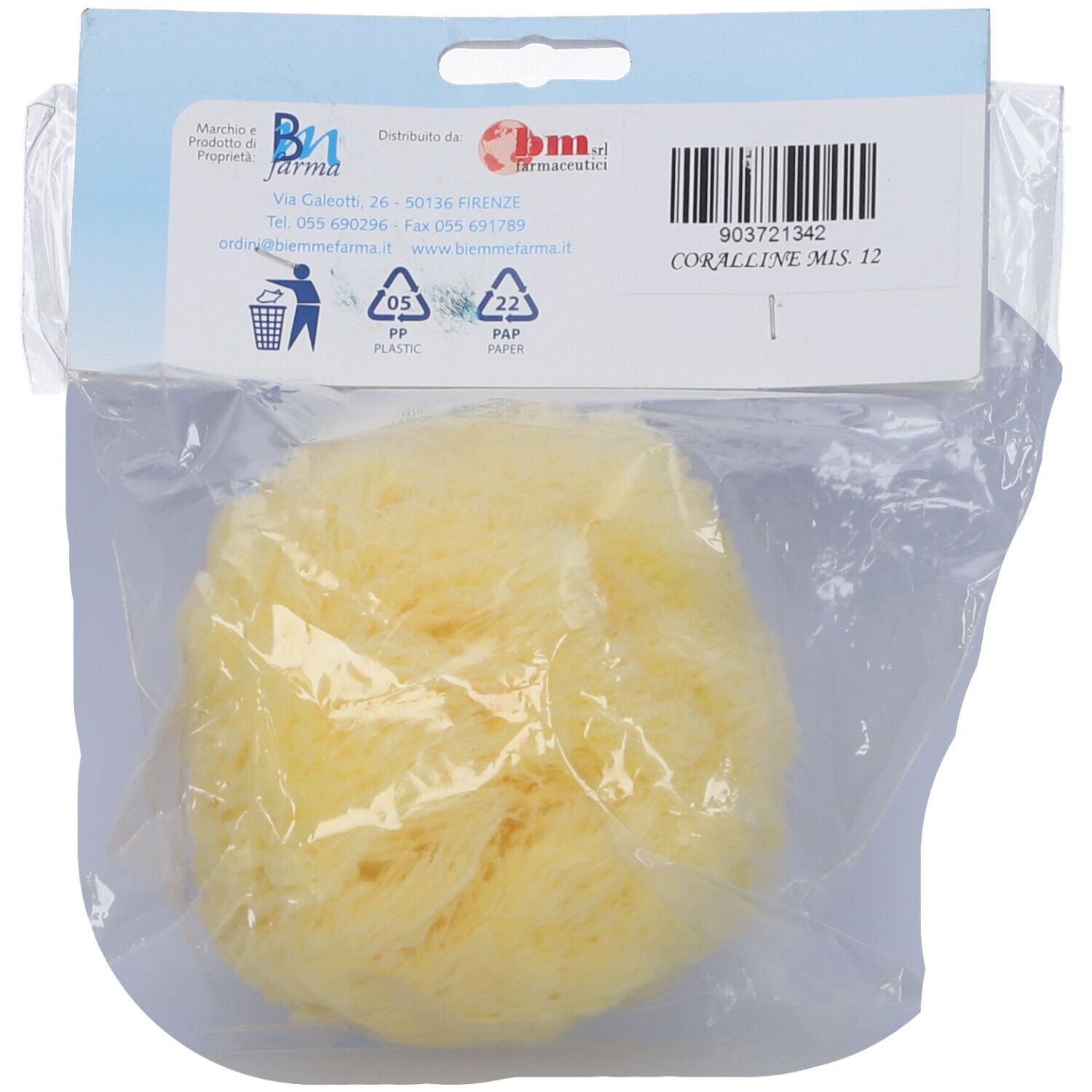 Spugna naturale gialla in confezione plastica. Retro con testo e codice a barre. Scritta: Coralline Mis. 12.