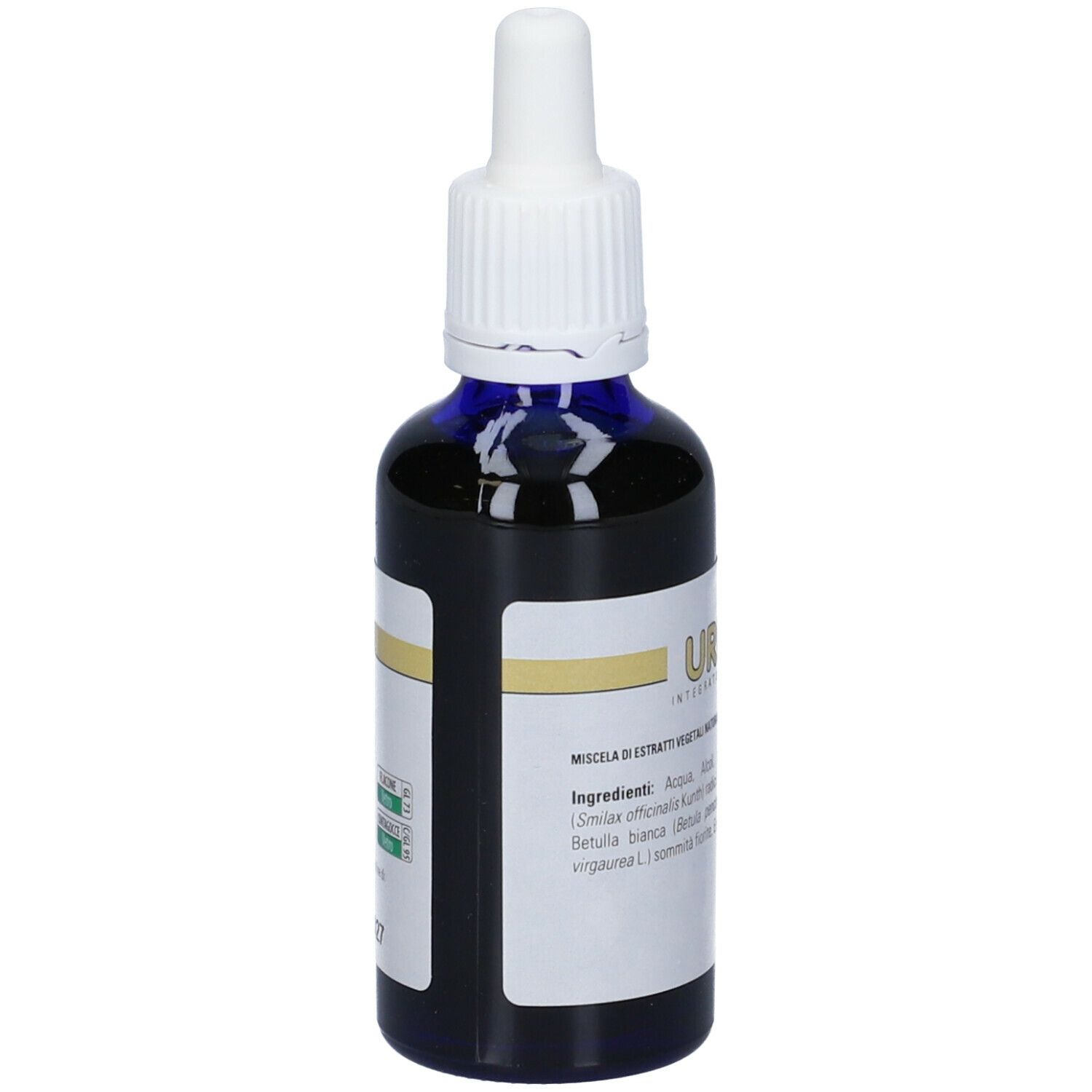 Flacone di vetro marrone con contagocce bianco. Liquido blu. Etichetta con testo.