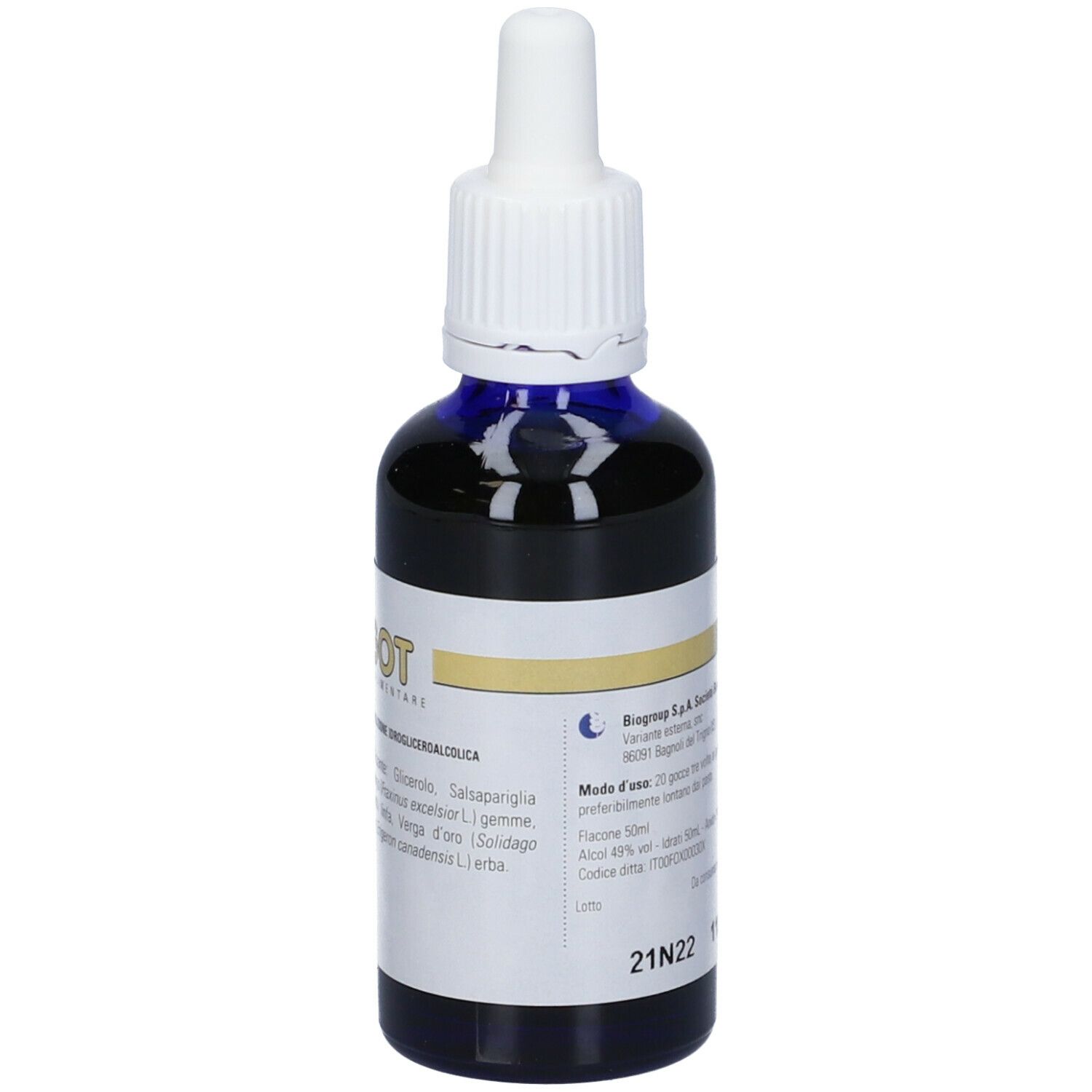 Flacone di vetro marrone con contagocce bianco. Liquido blu. Etichetta con testo.