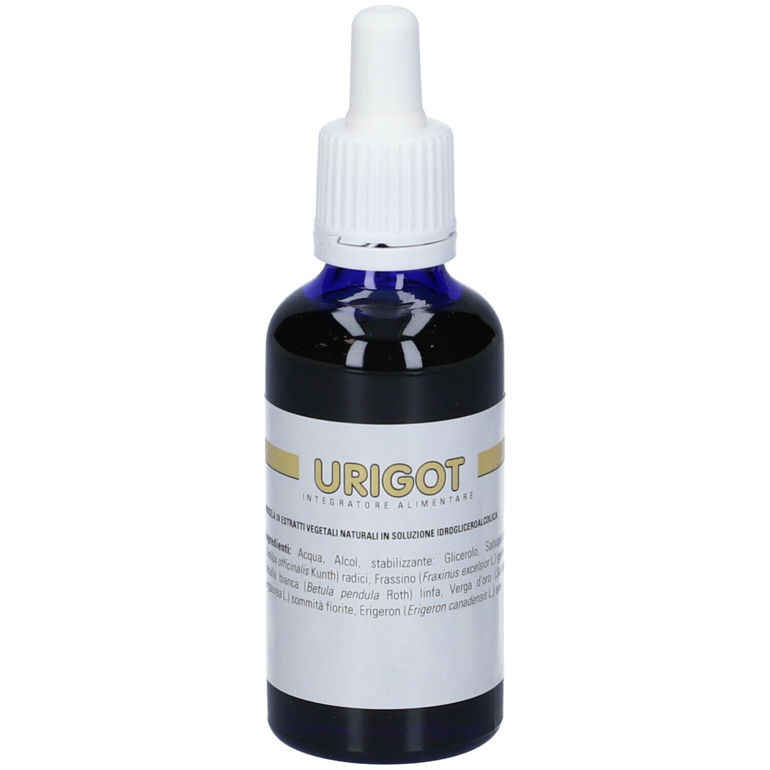 Flacone di vetro marrone con contagocce bianco. Liquido blu. Etichetta con testo.