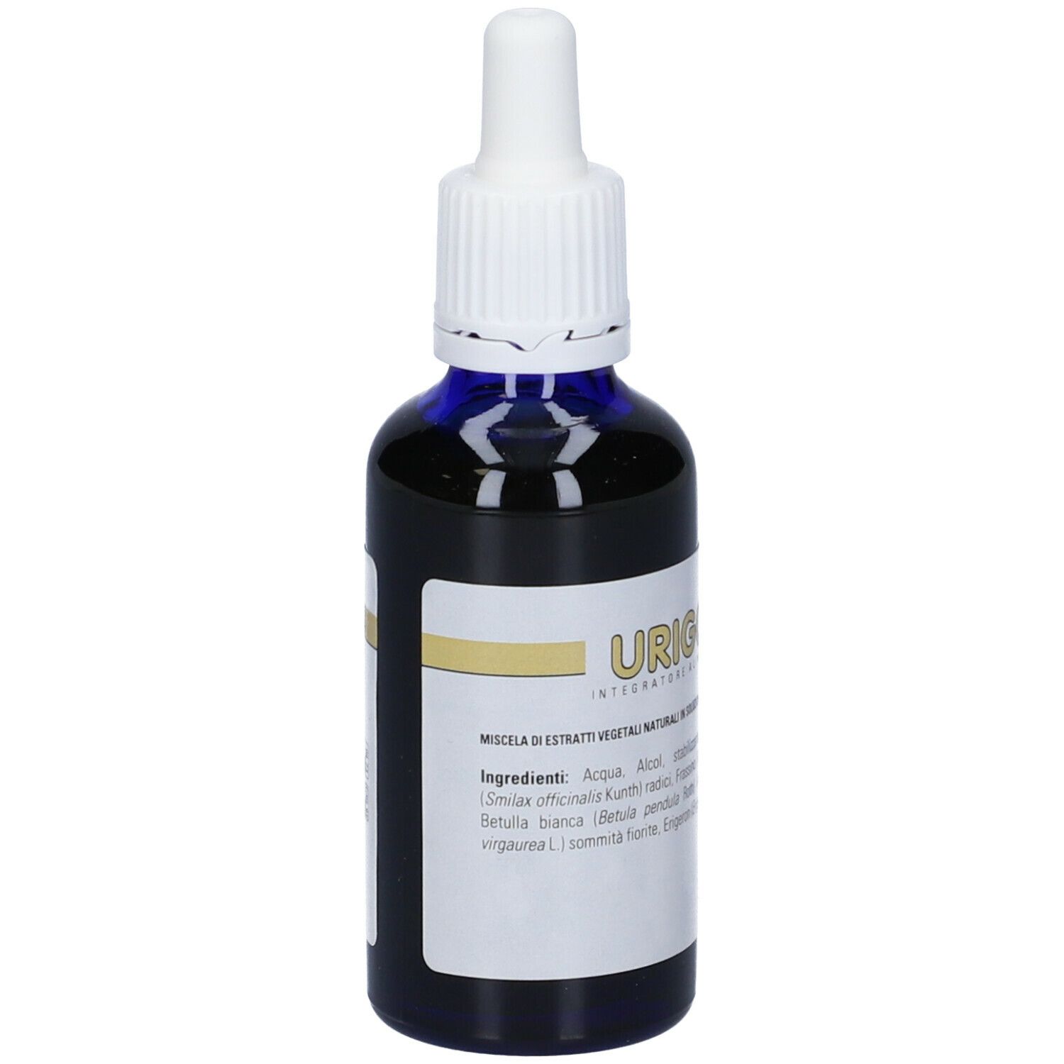 Flacone di vetro marrone con contagocce bianco. Liquido blu. Etichetta con testo.
