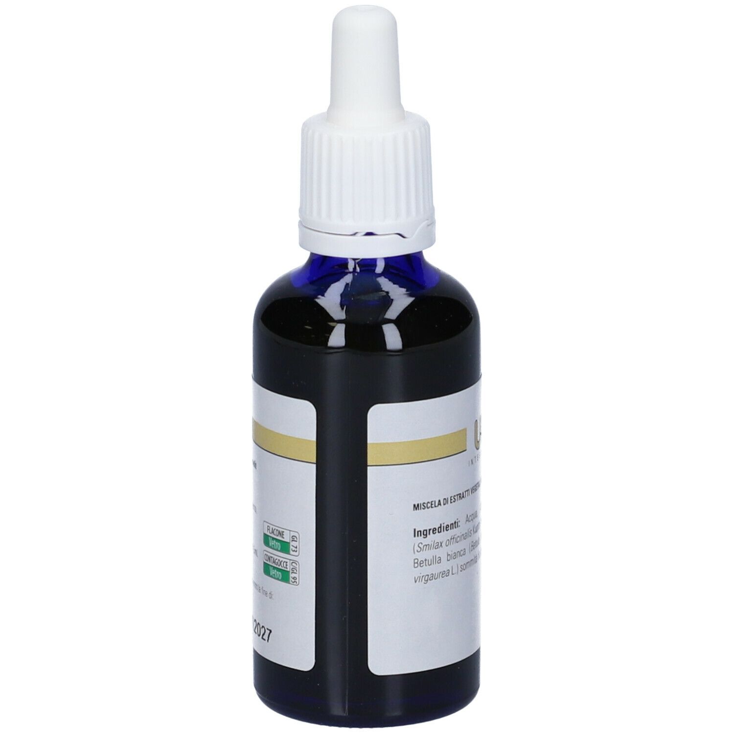 Flacone di vetro marrone con contagocce bianco. Liquido blu. Etichetta con testo.