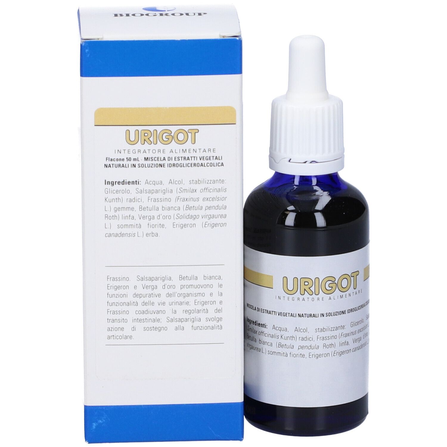 Flacone di vetro marrone con contagocce bianco e scatola. Liquido blu. Etichetta con testo.