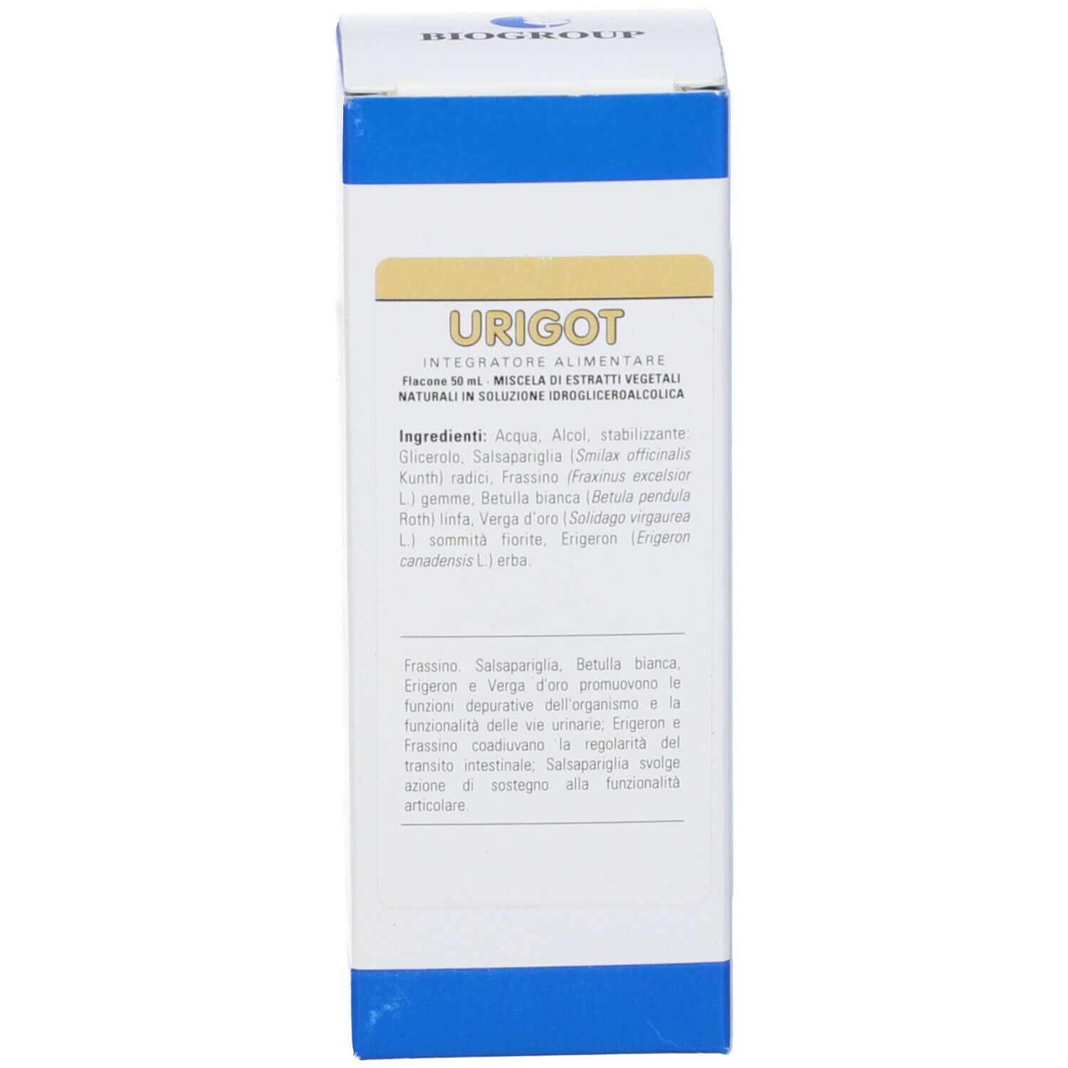 Scatola con informazioni sul prodotto. Testo: Urigot, Biogroup.