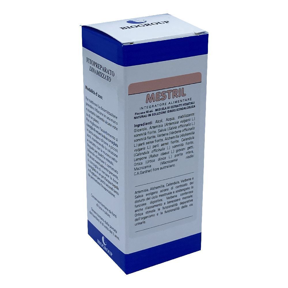 Scatola con informazioni sul prodotto. Confezione blu e bianca. Testo: Mestril, Biogroup.