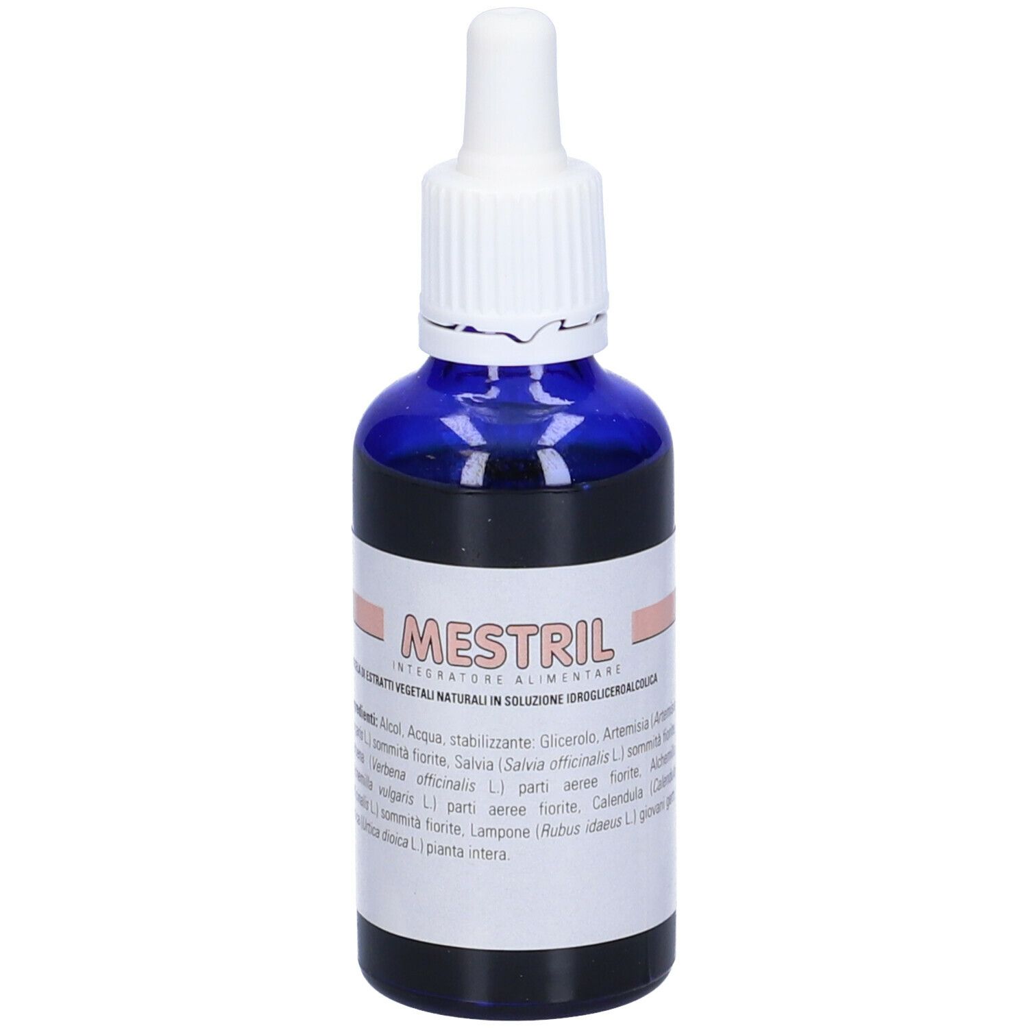 Flacone di vetro blu con contagocce bianco. Etichetta con testo: Mestril. Informazioni sul prodotto.