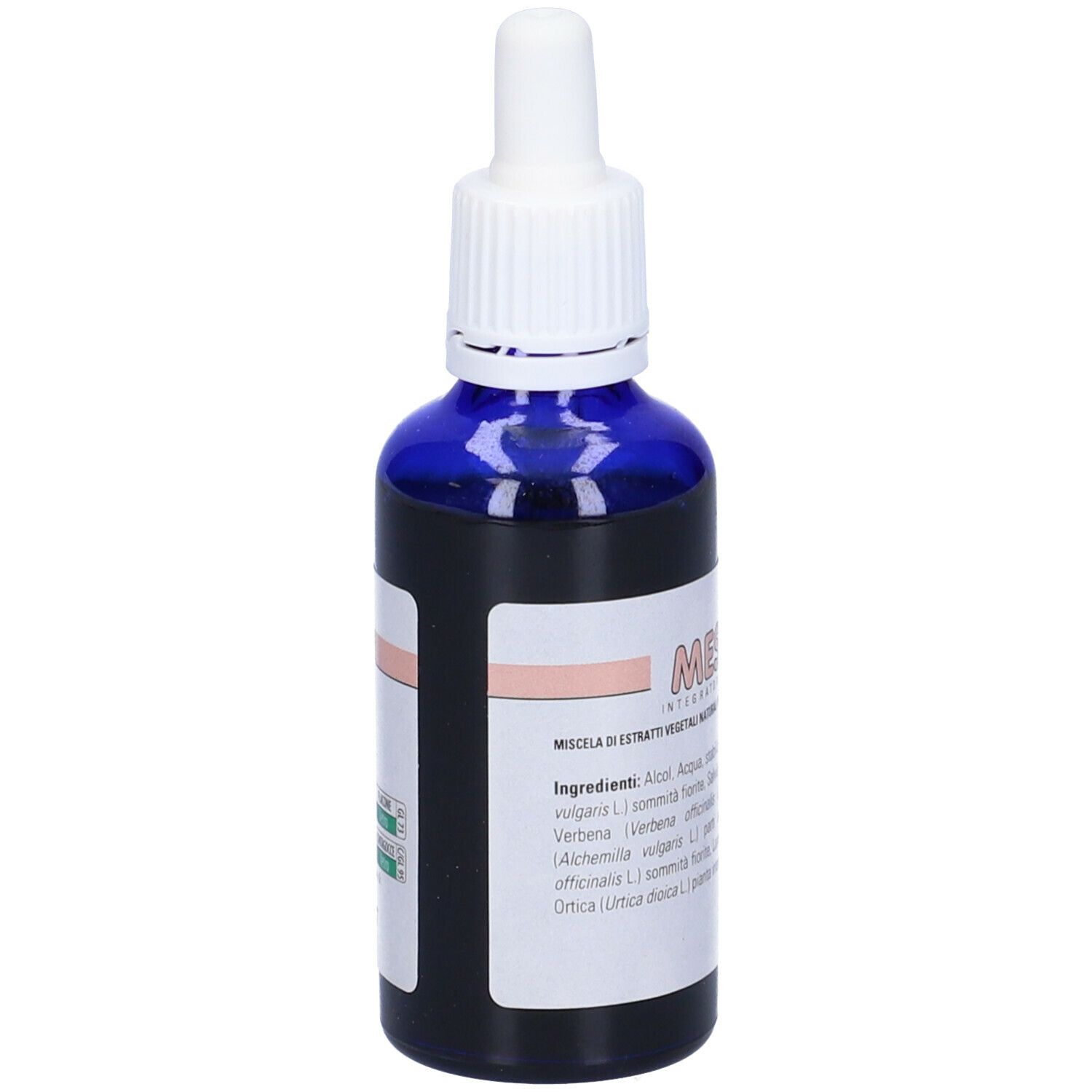 Flacone di vetro blu con contagocce bianco. Etichetta con testo: Mestril. Informazioni sul prodotto.