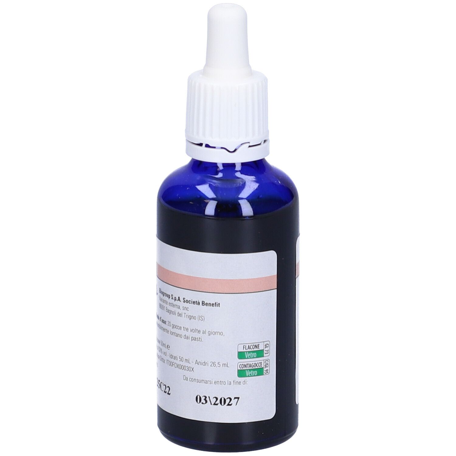 Flacone di vetro blu con contagocce bianco. Etichetta con testo: Mestril. Informazioni sul prodotto.