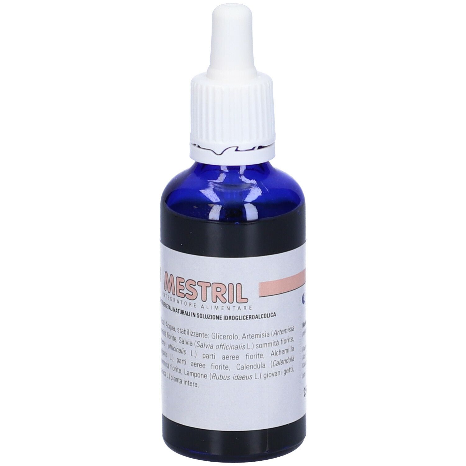 Flacone di vetro blu con contagocce bianco. Etichetta con testo: Mestril. Informazioni sul prodotto.