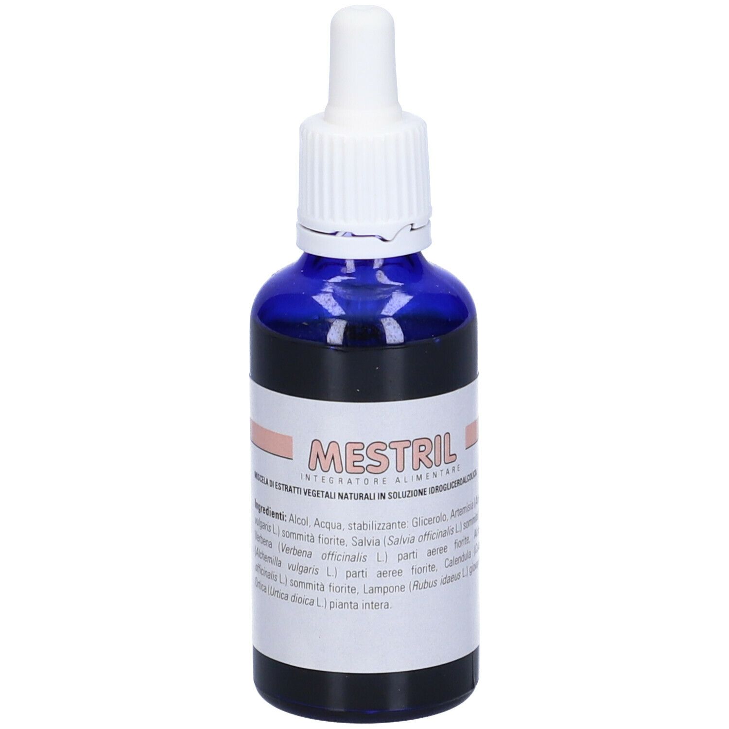 Flacone di vetro blu con contagocce bianco. Etichetta con testo: Mestril. Informazioni sul prodotto.