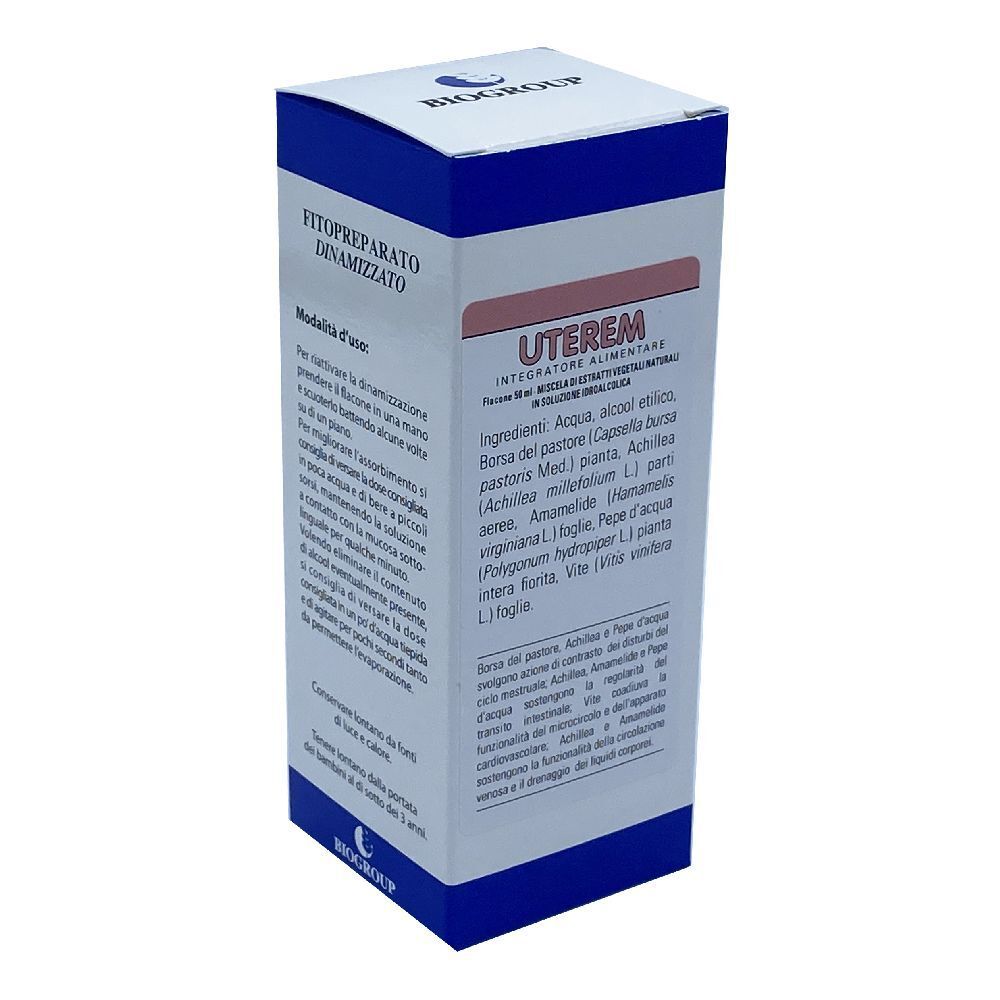 Scatola di Uterem. Confezione blu e bianca con informazioni sul prodotto e ingredienti.