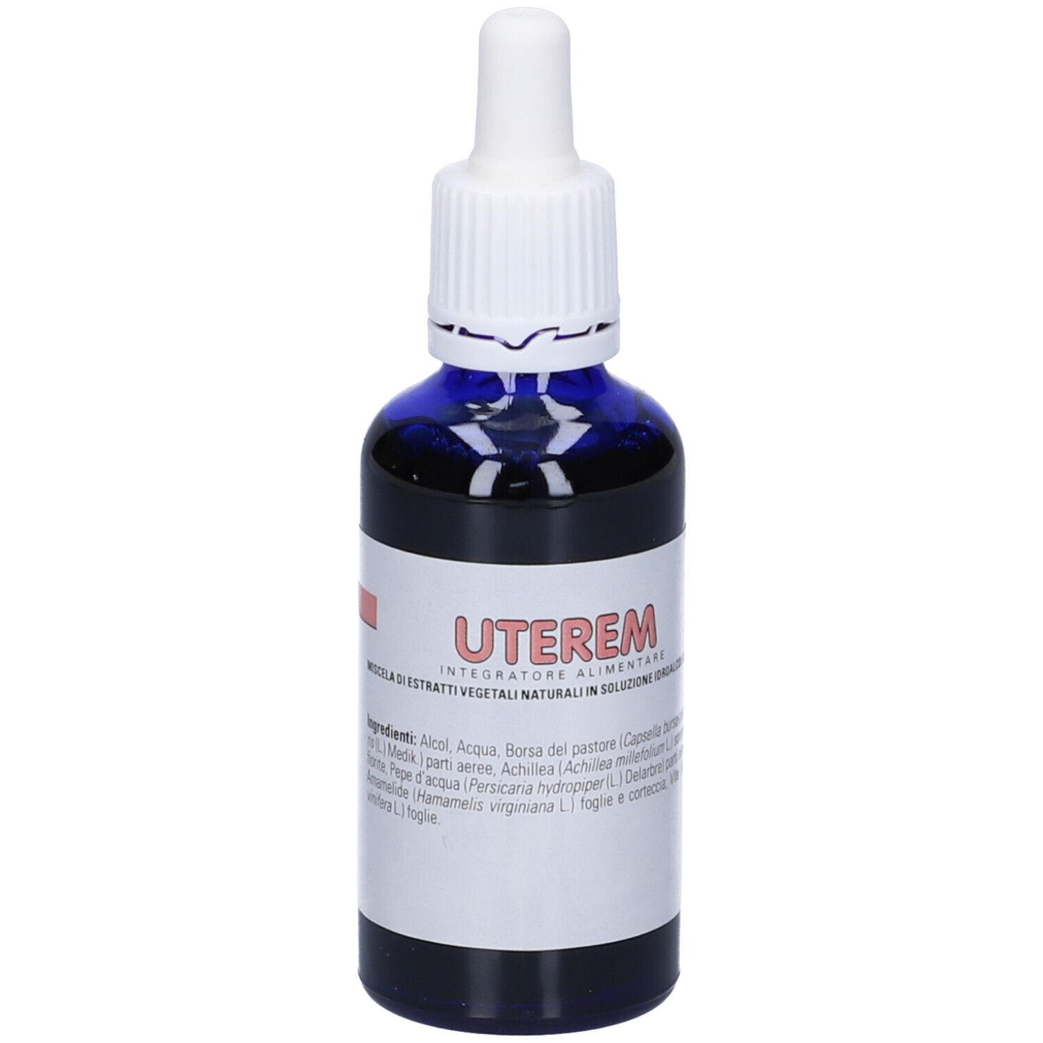 Flacone di vetro blu con contagocce bianco. Etichetta Uterem con ingredienti.