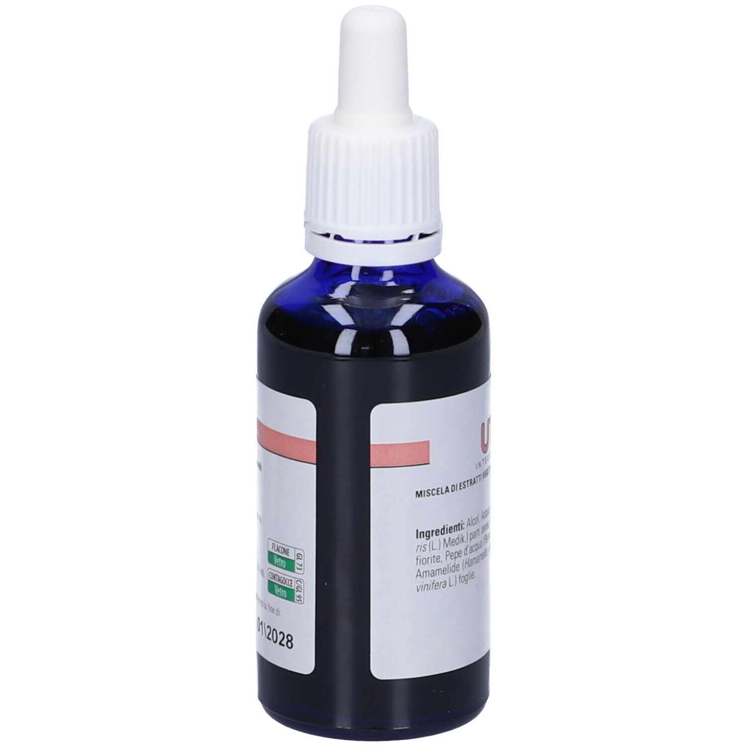 Flacone blu con contagocce bianco. Etichetta Uterem con ingredienti e data di scadenza.