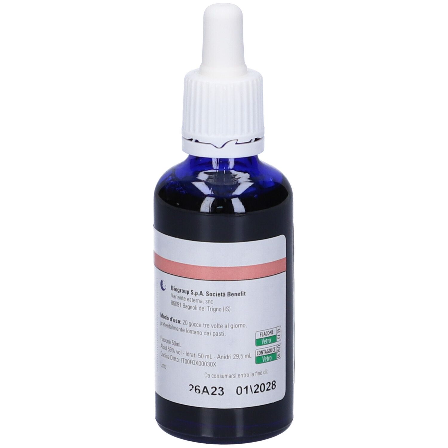 Flacone blu con contagocce bianco. Etichetta Uterem con ingredienti e data di scadenza.