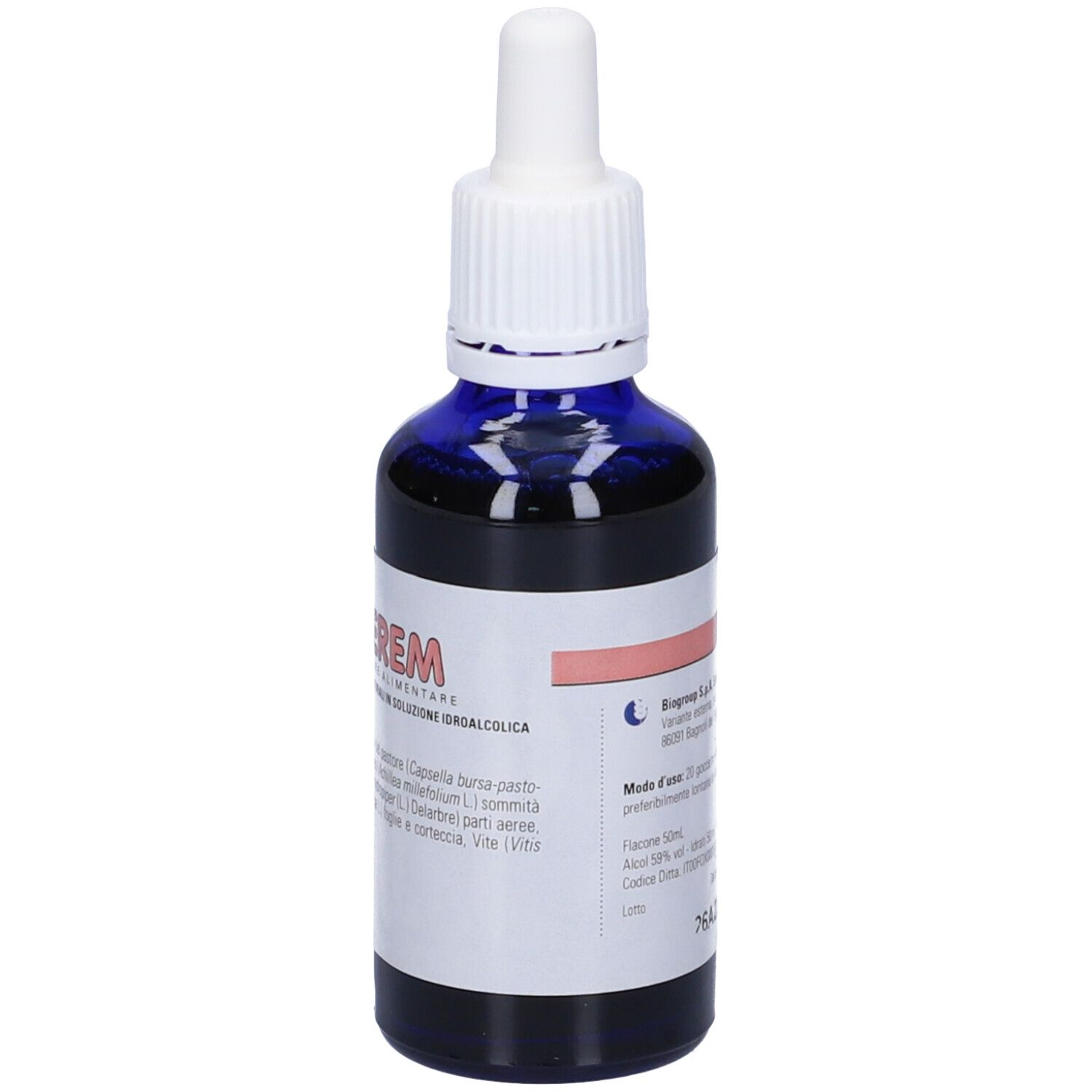 Flacone blu con contagocce bianco. Etichetta Uterem con ingredienti e dosaggio.