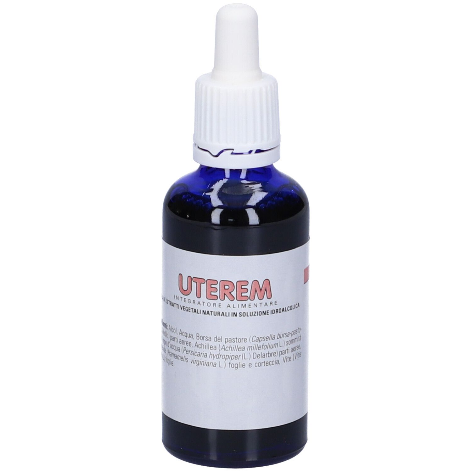 Flacone blu con contagocce bianco. Etichetta Uterem con ingredienti e dosaggio.