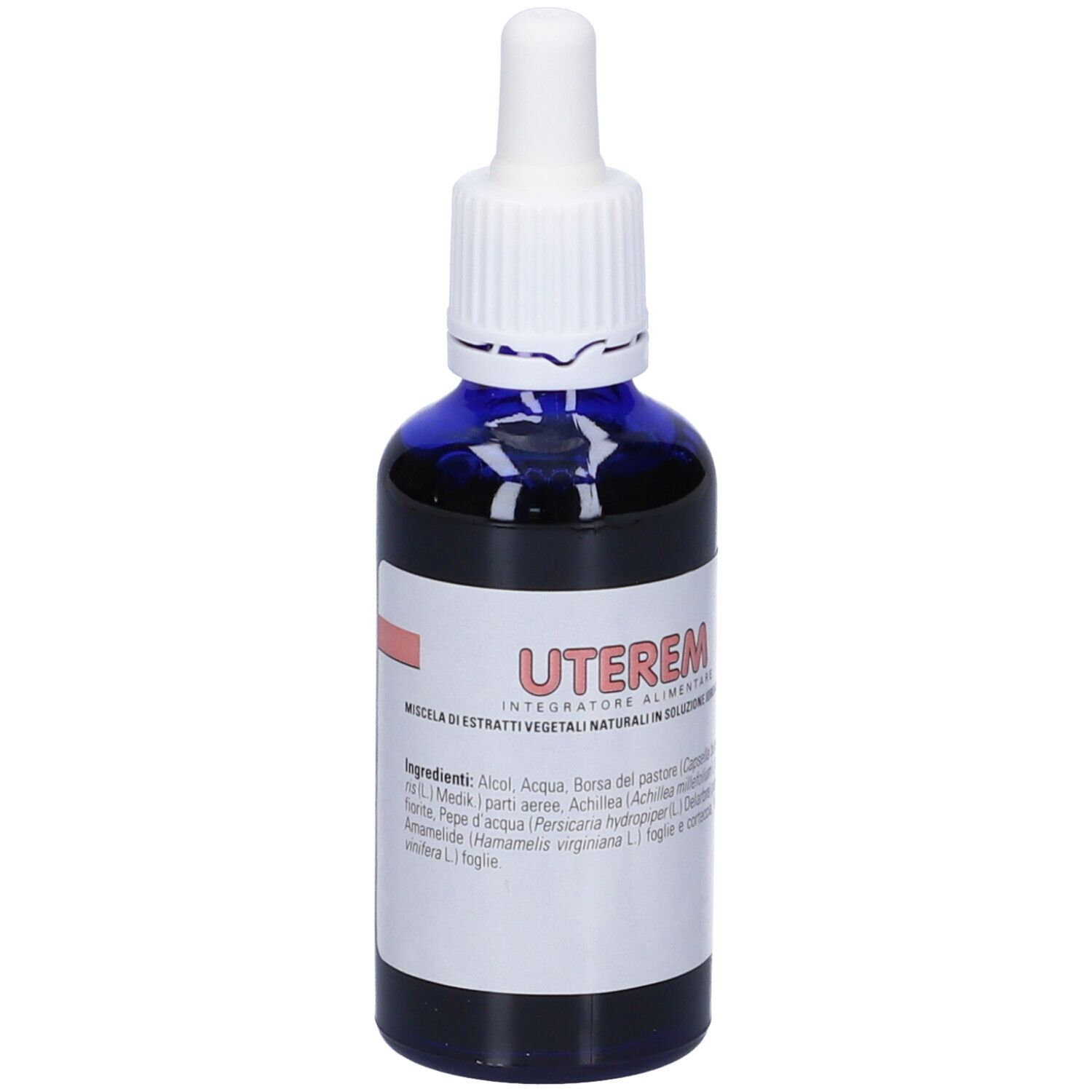 Flacone blu con contagocce bianco. Etichetta Uterem con ingredienti.