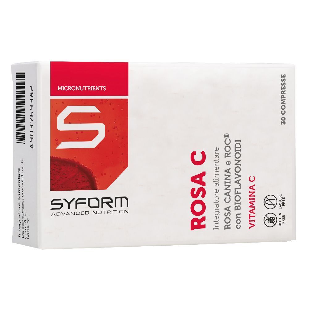 Scatola di Rosa C, 30 compresse. Marchio Syform. Contiene vitamina C e bioflavonoidi. Bianco, rosso.