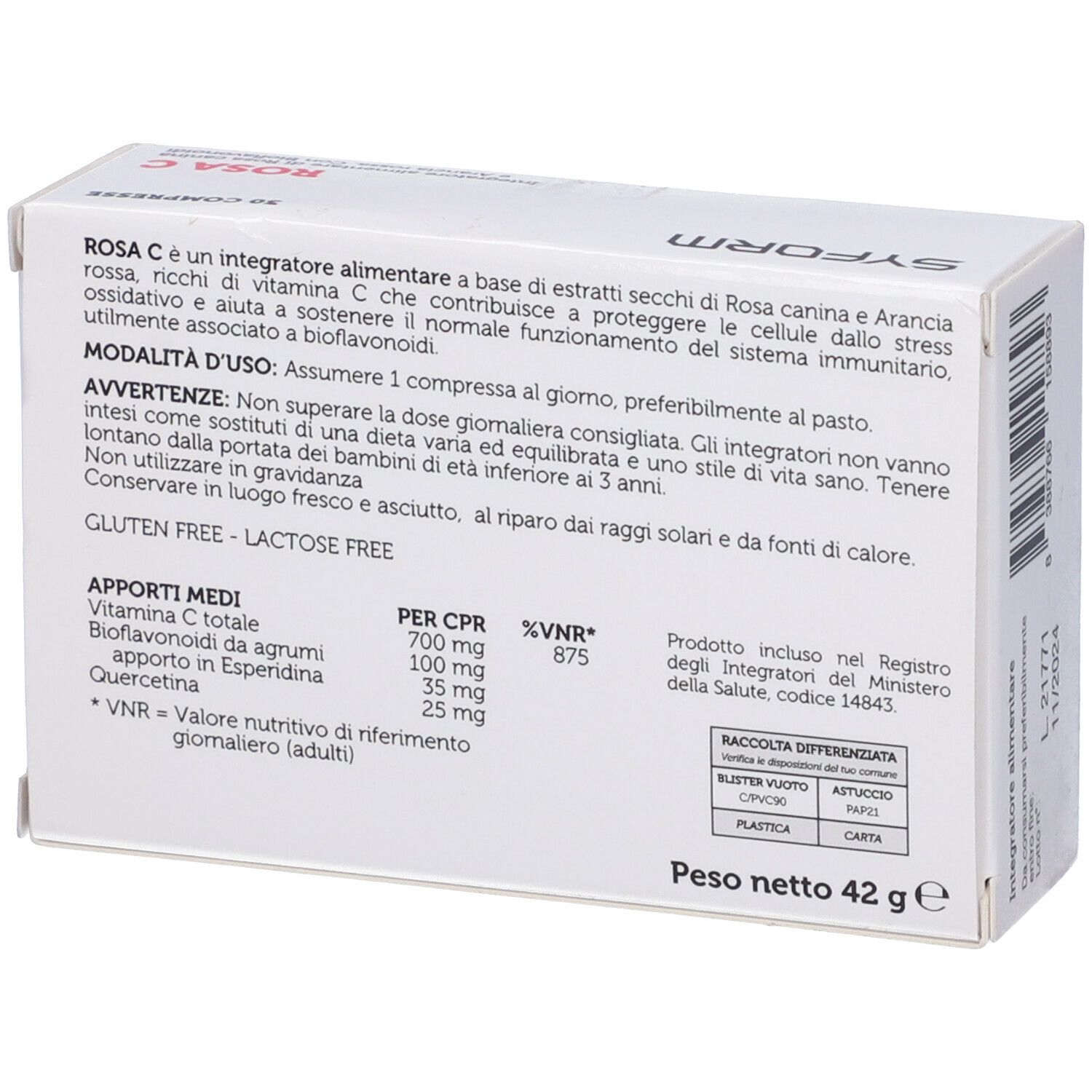 Retro della scatola Rosa C. Contiene informazioni su ingredienti, dosaggio e valori nutrizionali. Senza glutine, senza lattosio.