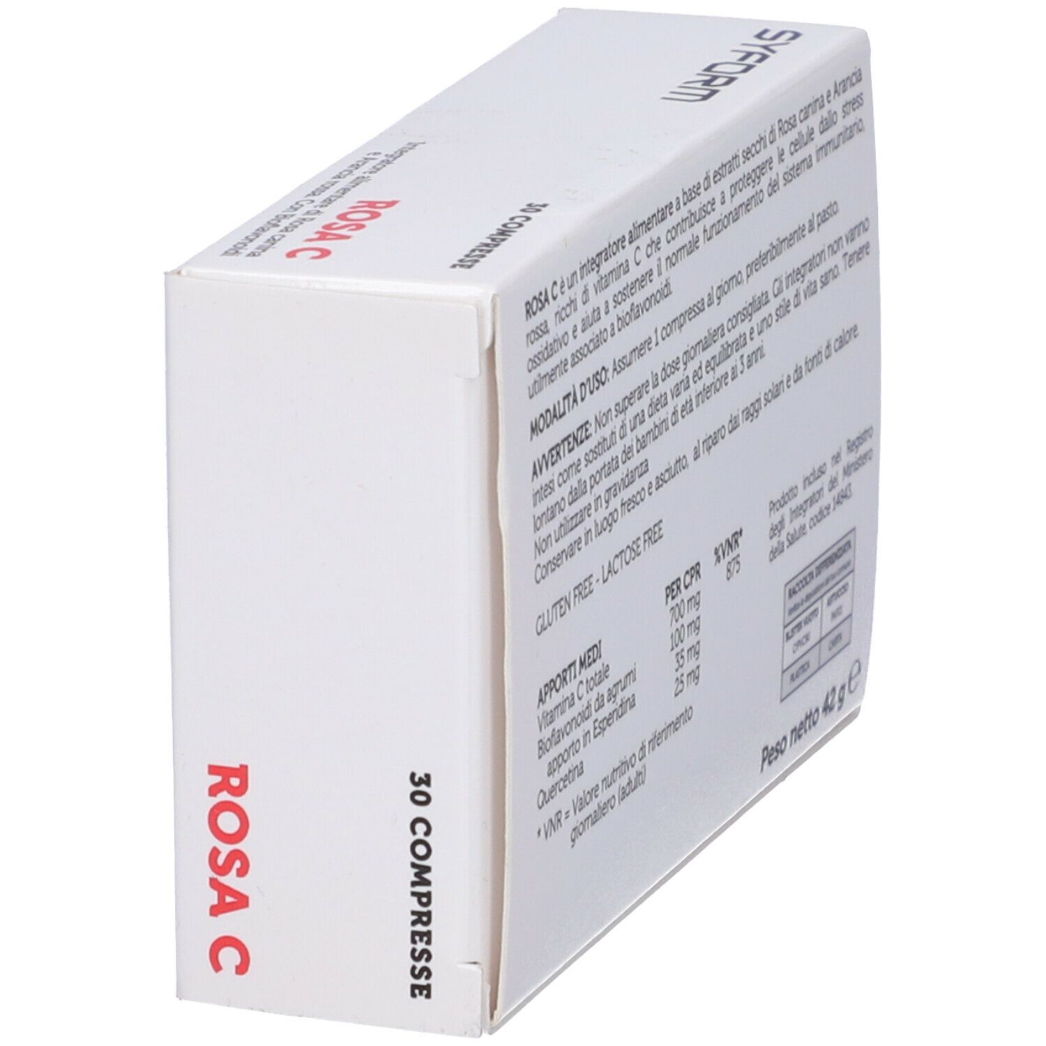 Scatola Rosa C, angolata. Contiene 30 compresse. Marchio Syform. Bianco con logo e testo rossi.