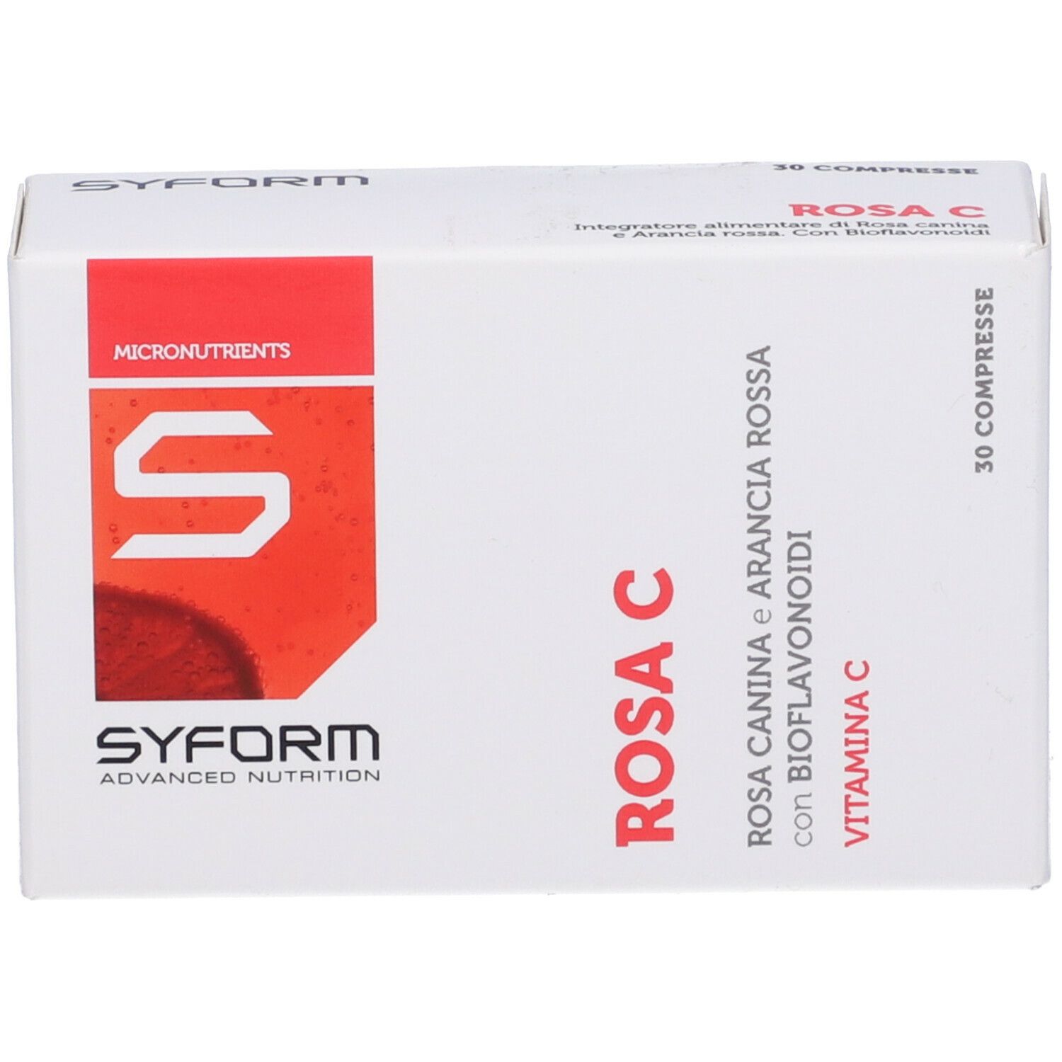 Scatola Rosa C, fronte. Contiene 30 compresse. Marchio Syform. Bianco con logo e testo rossi.