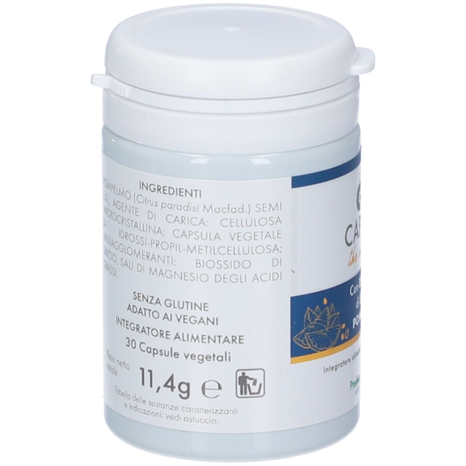 Capsule GSE: Retro del contenitore con elenco ingredienti e 30 capsule vegetali.