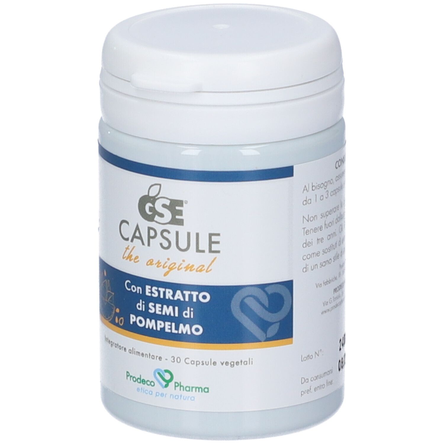 Capsule GSE: Contenitore bianco con etichetta blu raffigurante semi di pompelmo.