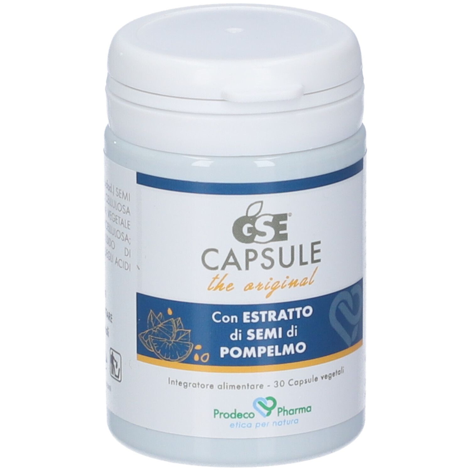 Capsule GSE: Contenitore bianco con etichetta blu raffigurante semi di pompelmo.