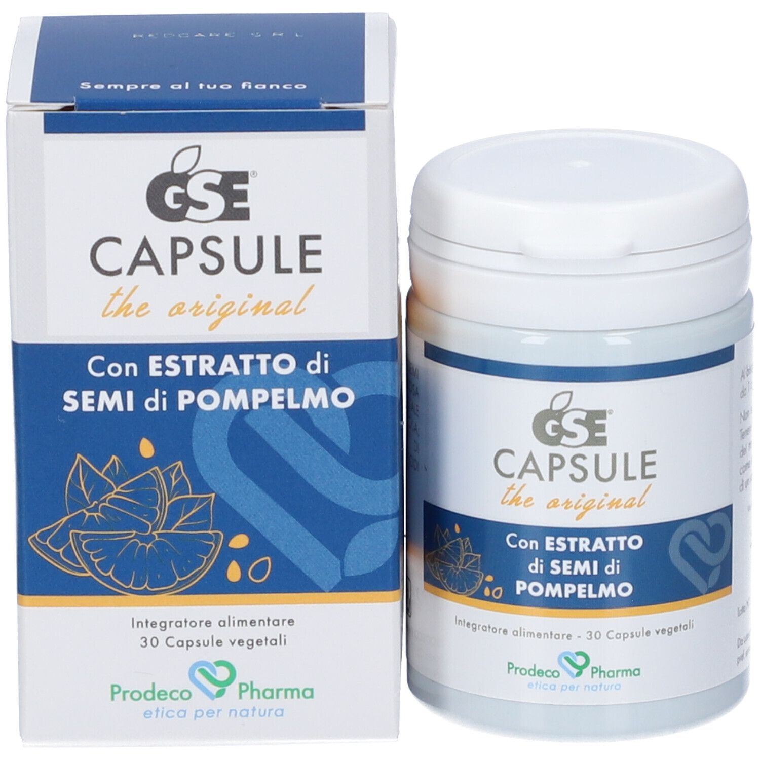 Capsule GSE: Contenitore e scatola di imballaggio con motivo pompelmo e informazioni sul prodotto.