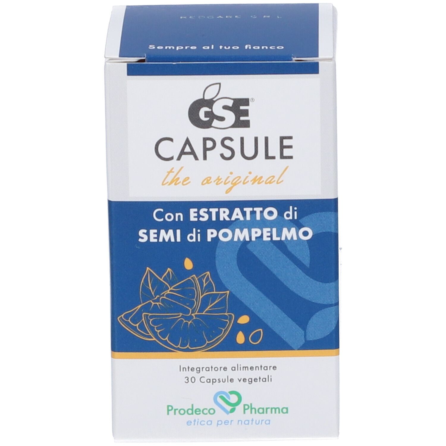 Capsule GSE: Scatola di imballaggio con motivo pompelmo, nome prodotto e logo produttore.